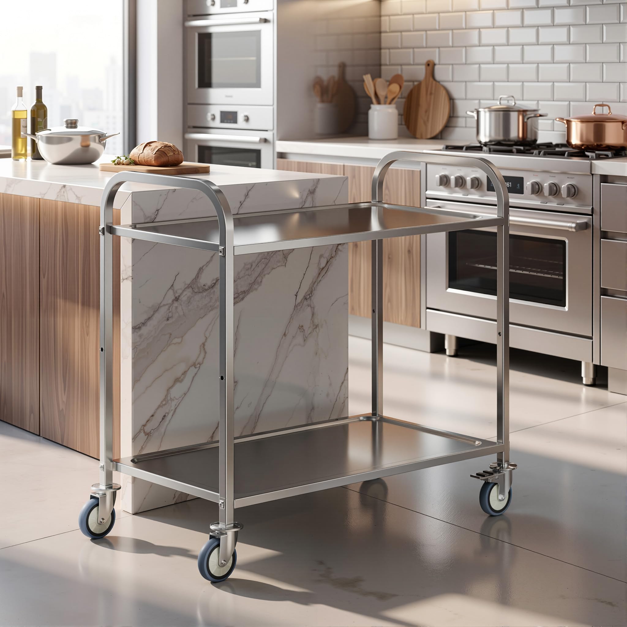 WilTec Chariot de Service – 940 x 560 x 940 mm – Acier affiné – 2 Étagères – Jusqu’à 150kg – Desserte Table servante Mobile avec Frein