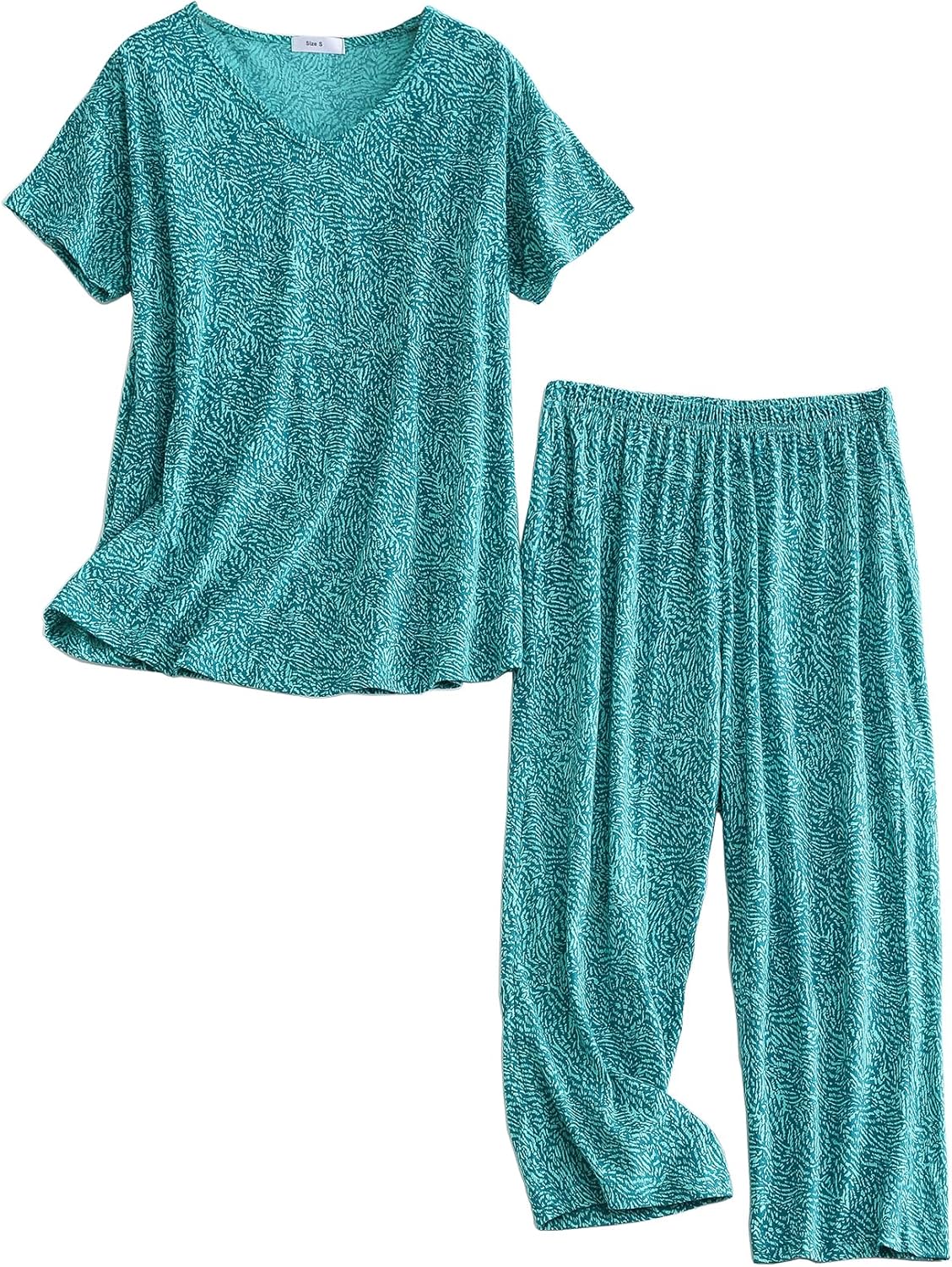 CHUNG Women Cotton Pajama Sets Sleepwear pjs Short Sleeve Shirt Capri Length Crop Pants Cute Vivid Print