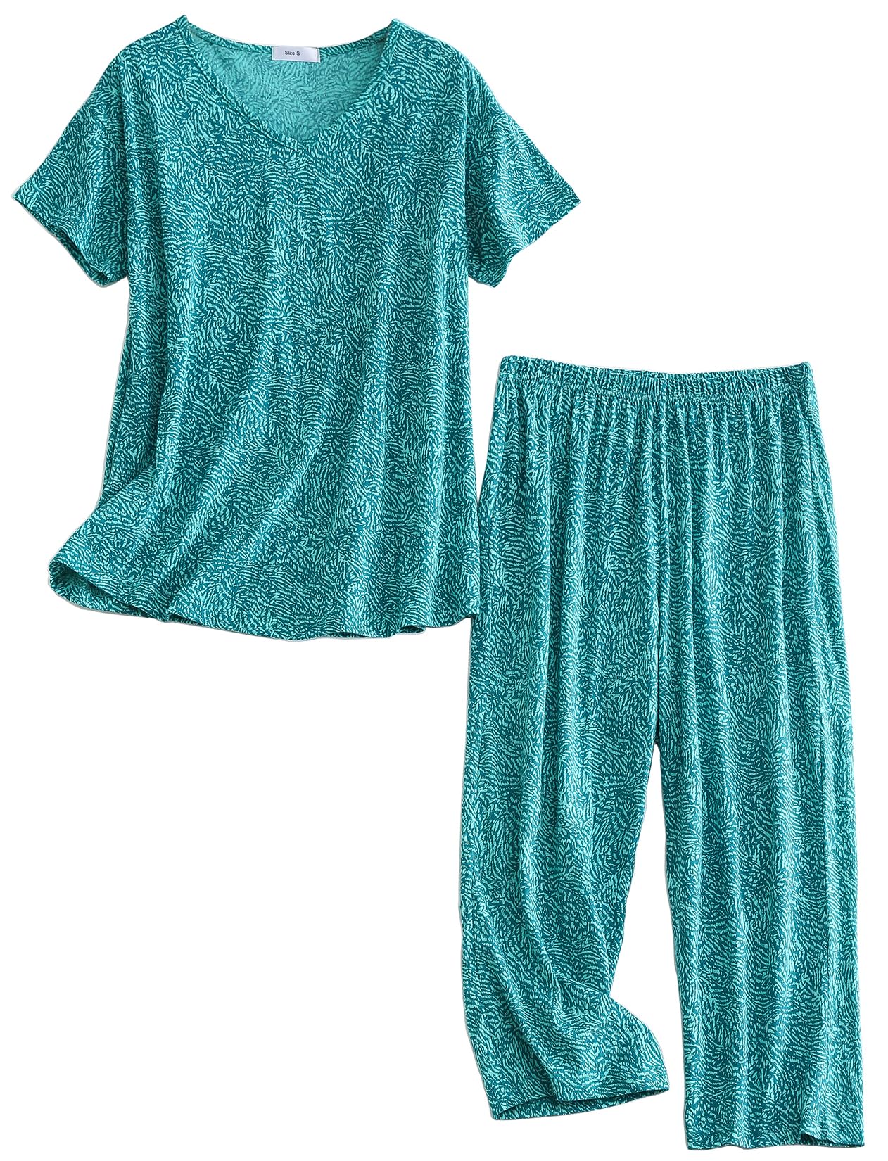 CHUNG Women Cotton Pajama Sets Sleepwear pjs Short Sleeve Shirt Capri Length Crop Pants Cute Vivid Print