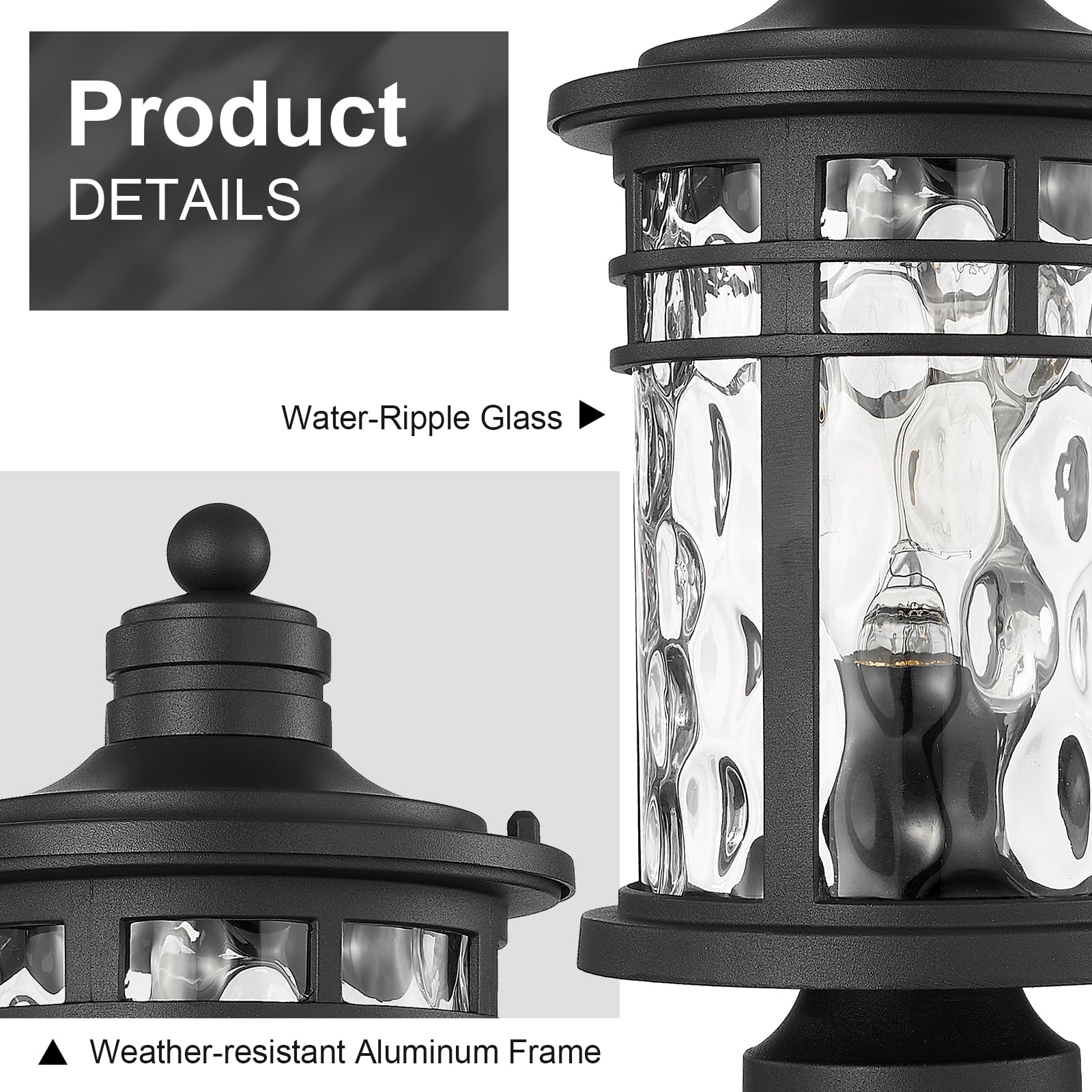 Darkaway Außenpfostenleuchten, Lampenpfosten, Außenbeleuchtung, Aluminiumpfosten, Außenleuchten mit Wasserwellung, Glas, Stangenleuchte für den Außenbereich, Terrasse, Hof, Garten