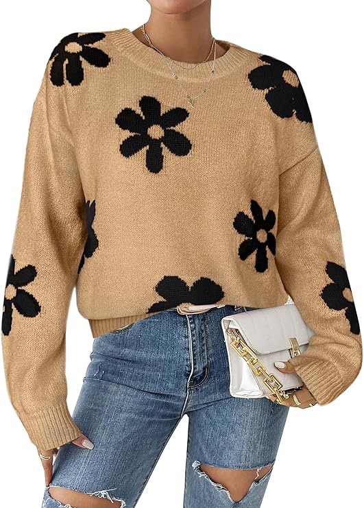 Libsorge Womens Oversized Cute Flower Sweater Valentine Day 2026 Trendy Vintage Floral Knit Crewneck Pullover Tops