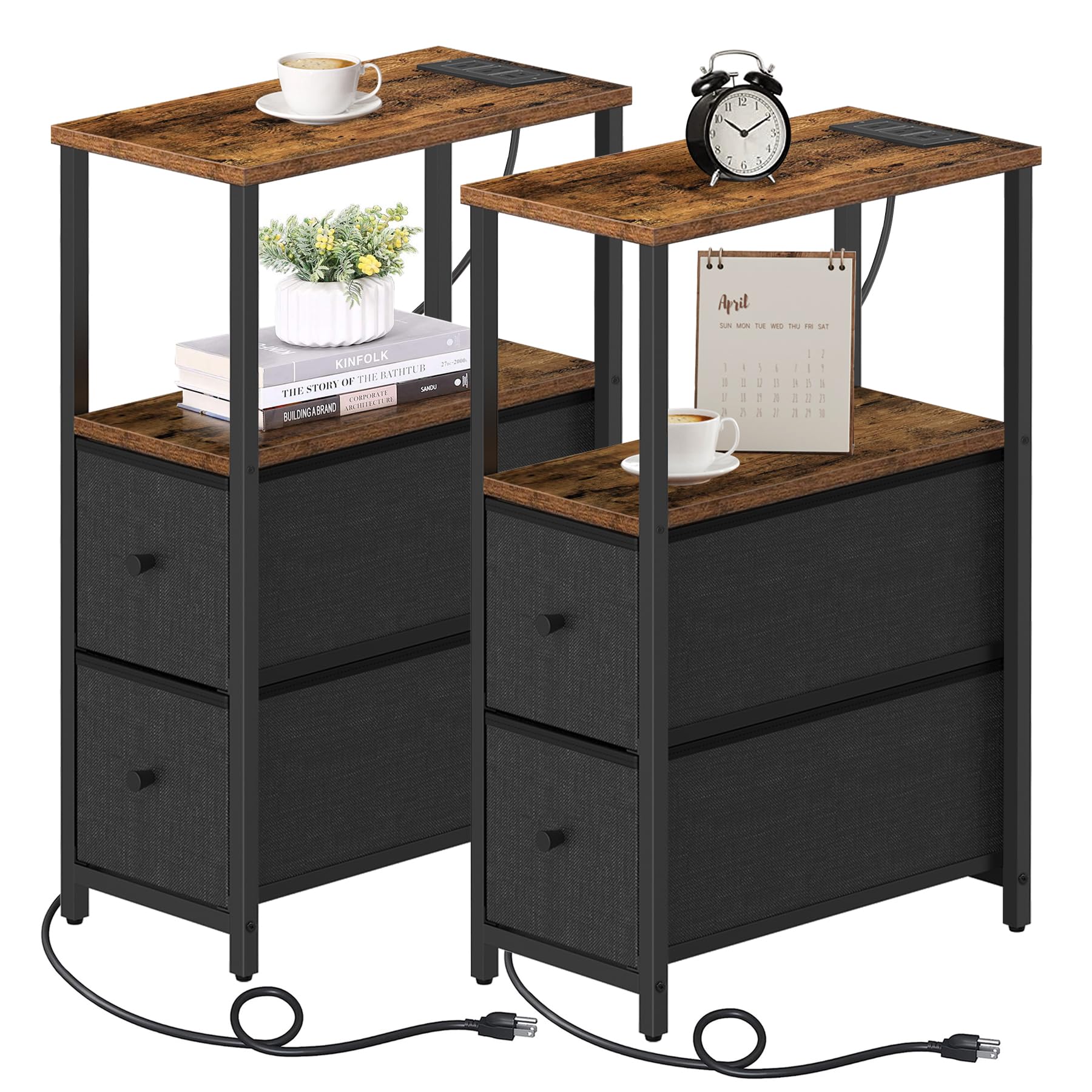 TUTOTAK Small Narrow End Table with Charging Station, Set of 2, Side Table with Outlets, Nightstand with 2 Cloth Drawers, Couch Table, for Living Room, Bedroom, Bedside, Brown and Black TB01BB055K