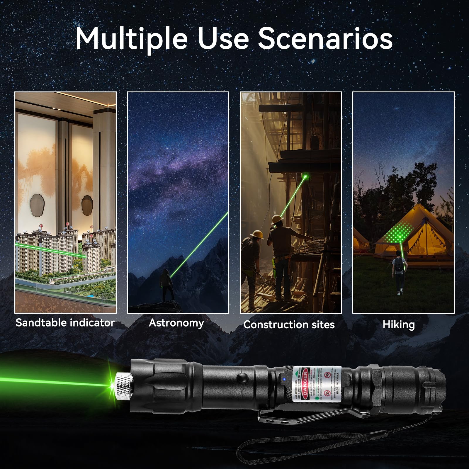 [4 paquetes] Linterna de luz verde, linternas tácticas recargables de largo alcance con tapa de estrella de enfoque ajustable, para uso en exteriores, pantallas de TV/LED/LCD, astronomía