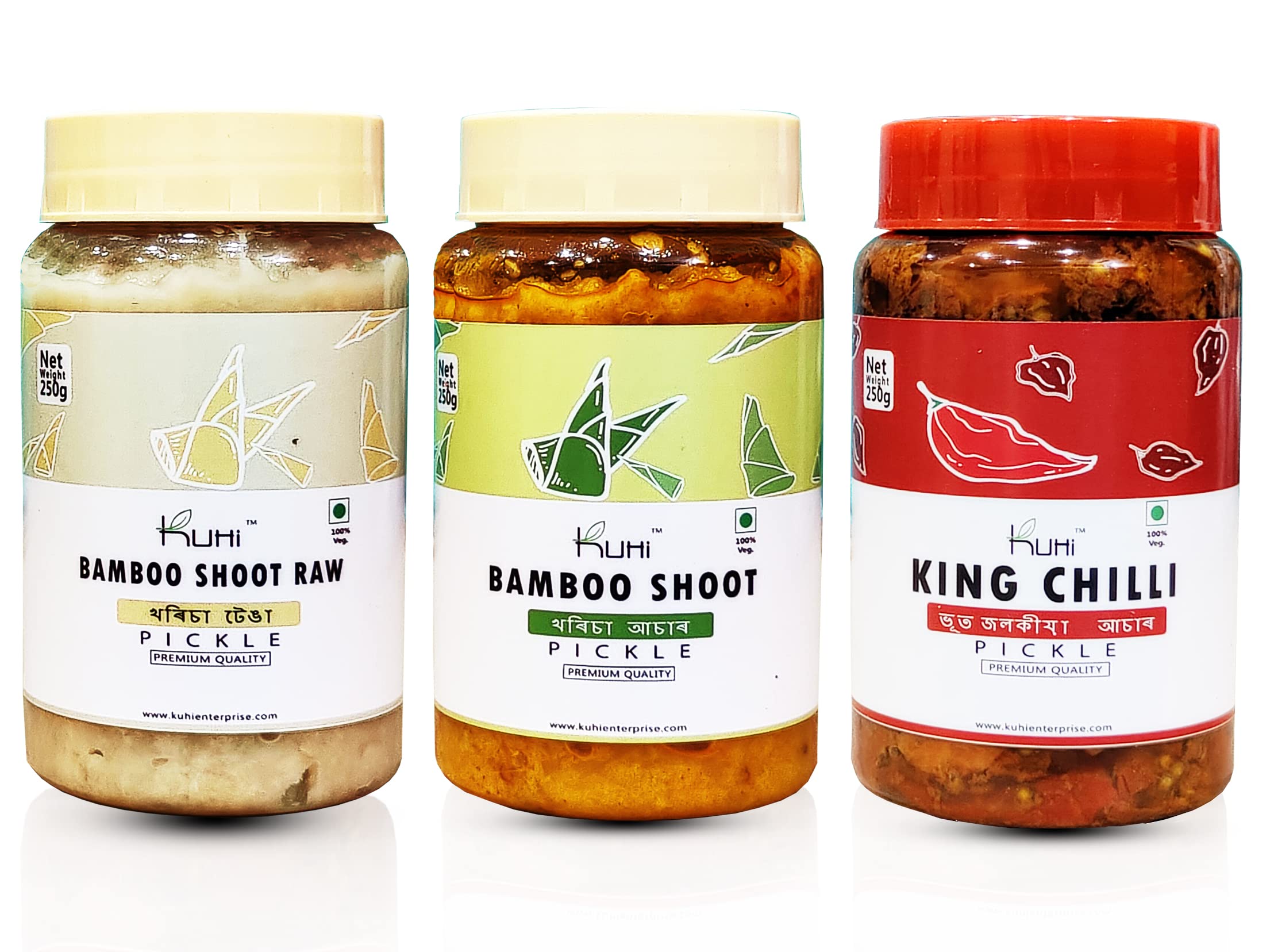 Kuhi Pickle Combo 250 gm (Pack of 3) | King King Chilli Pickle | Naga Morich | Bhut Jolokia | Ghost Pepper Pickle, Bamboo Shoot & Bamboo Shoot Raw Pickles