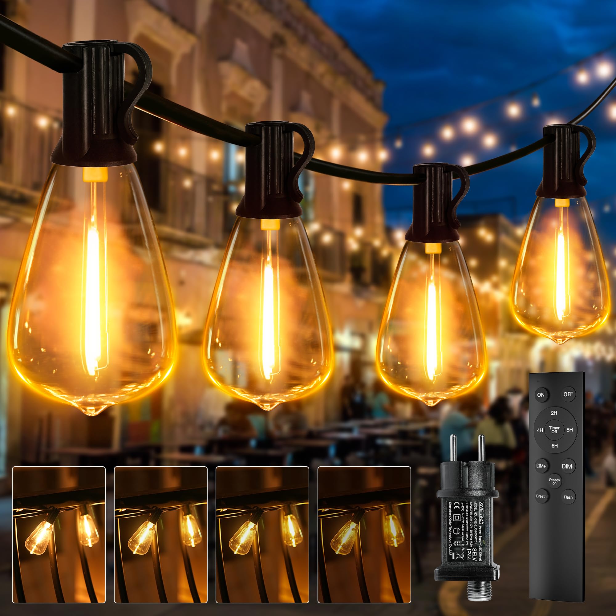 Led Lichterkette Außen Outdoor Strom-30M mit Fernbedienung Timer | dimmbar 98ft ST38 Glühbirnen 3 Modi, Lichterketten IP44 Wetterfest für Garten Balkon Terrasse