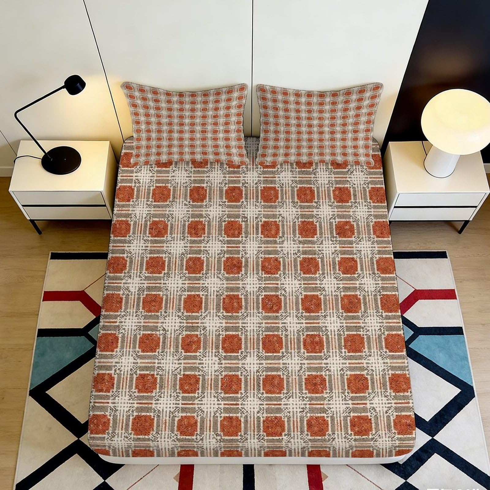 3D Printed Retro Geometric Fitted Sheet Microfiber Soft Breathable Brown Plaid Mattress Cover Bedroom Dorm Decor 120x200x25cm