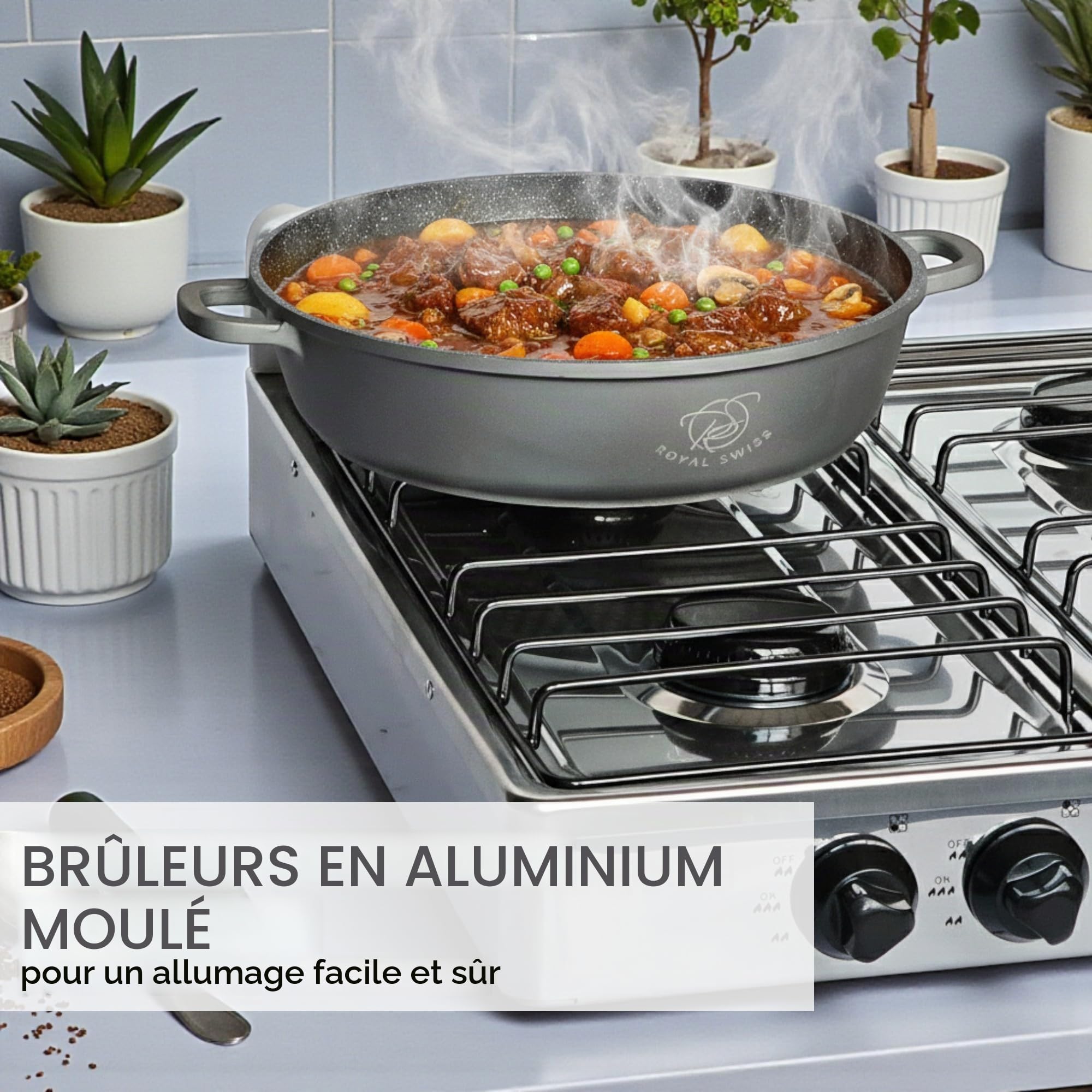Royal Swiss® Réchaud à Gaz 4 Feux LPG – Cuisinière Gaz Portable 2,2 kW, Brûleurs Aluminium, Stable & Sécurisée, Camping, Jardin, Food Truck, Maison