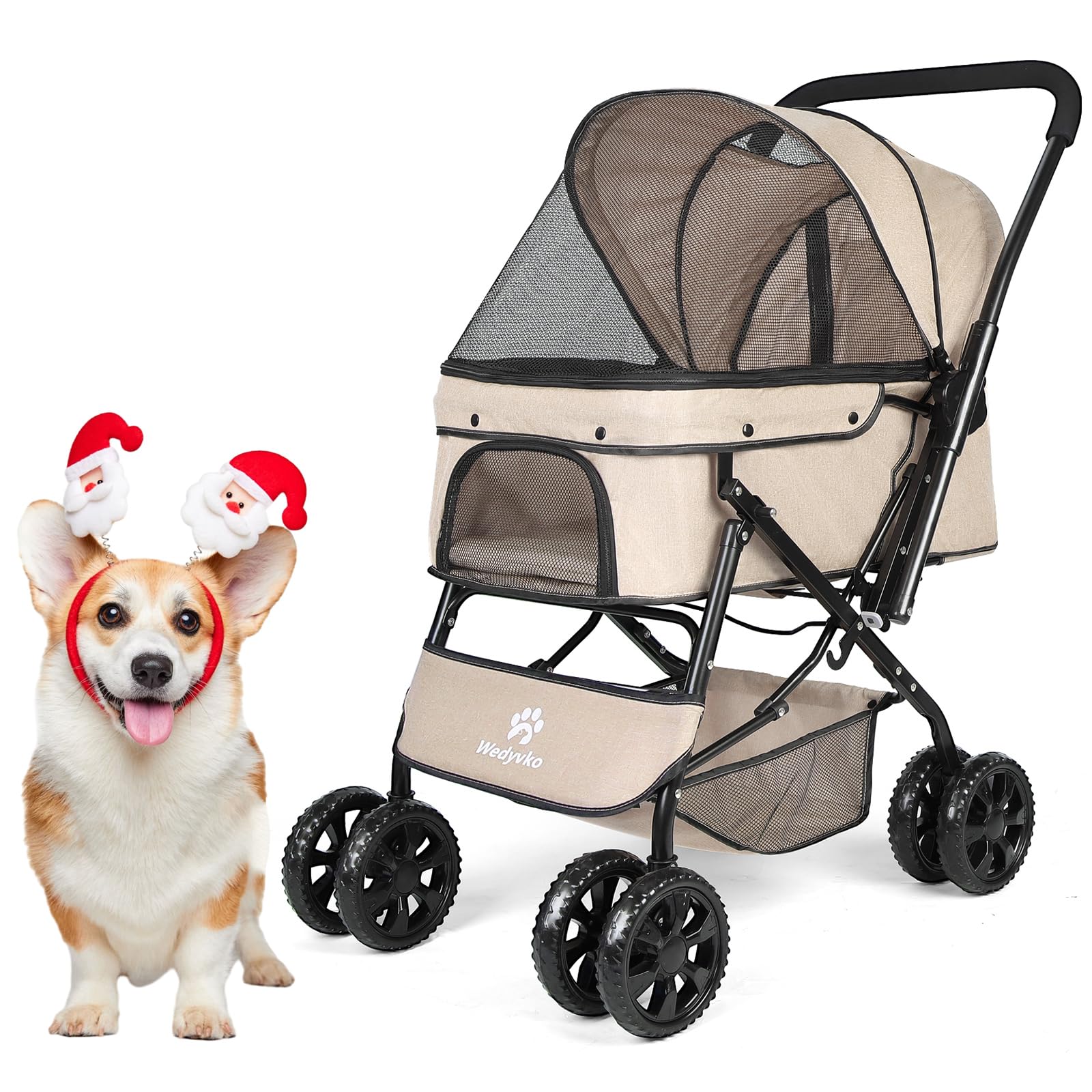 Wedyvko Medium Dog Stroller 50lb - Pets Stroller for Medium Dogs with Reversible Handlebar, 360 Front Wheel, Foot Brake, Wide Mesh Canopy, 2 Security Leashes, Cup Holder, Storage Basket, Khaki