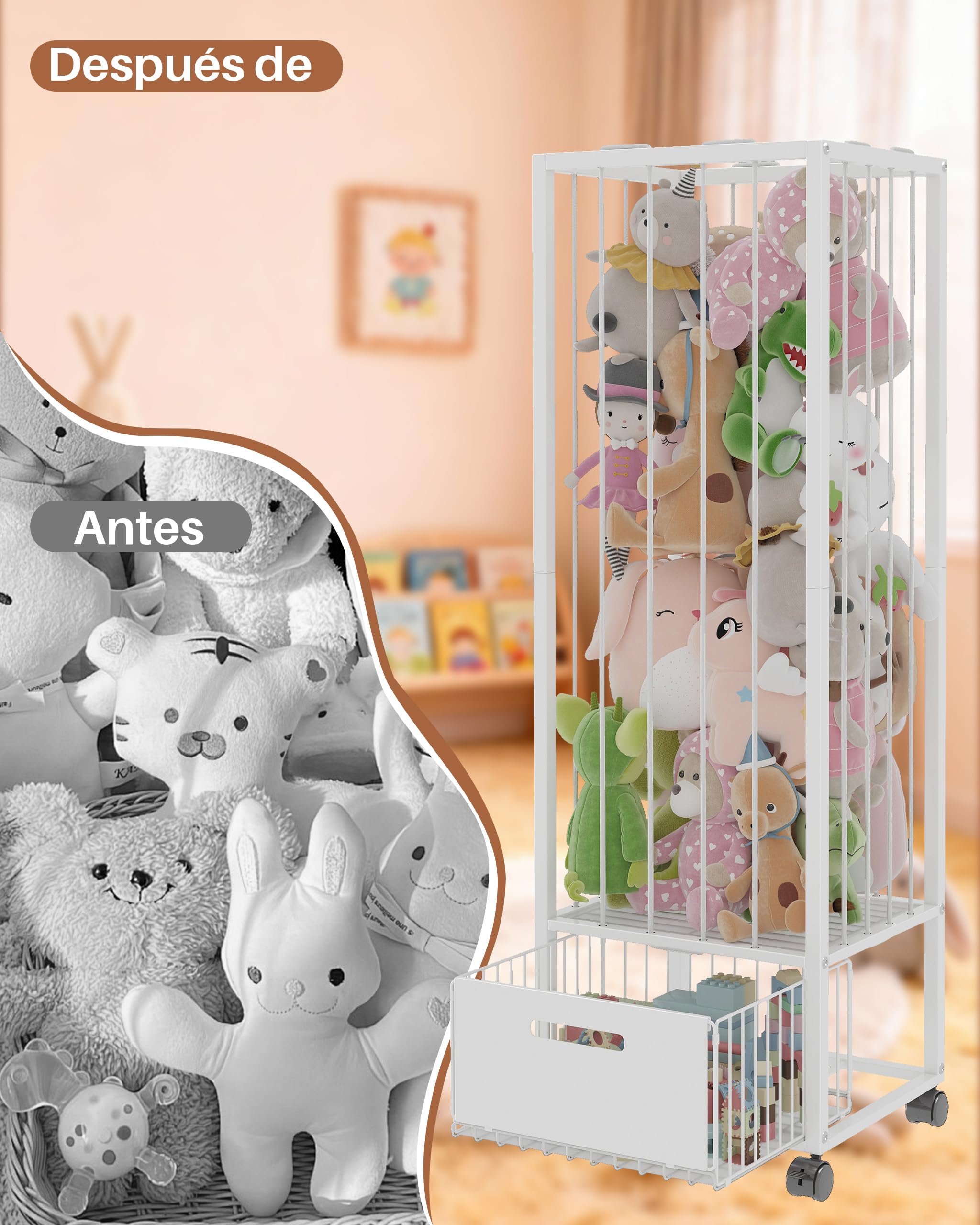 UMDONX Organizador de Juguetes con Ruedas 360° y Cajón | Armario de Almacenamiento para Peluches y Juguetes Infantil con Frenos (Blanco, 40x32x130 cm)