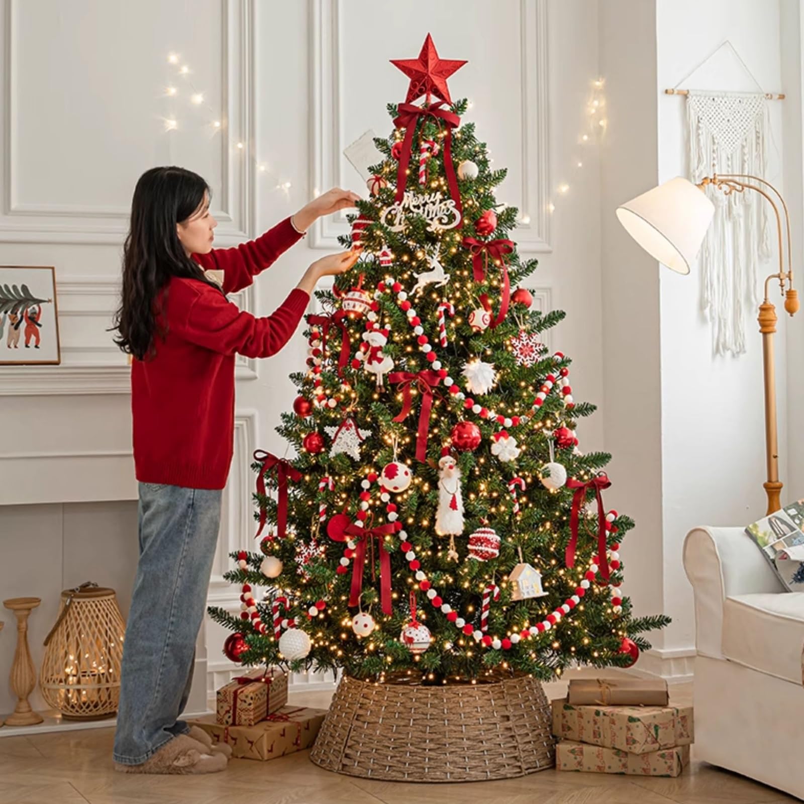 Albero di Natale, Christmas Tree In PVC, 120 Punte di Rami, con Recinzioni per Alberi e Decorazioni Natalizie, Alberi di Natale per Casa e Ufficio(Red,150cm)