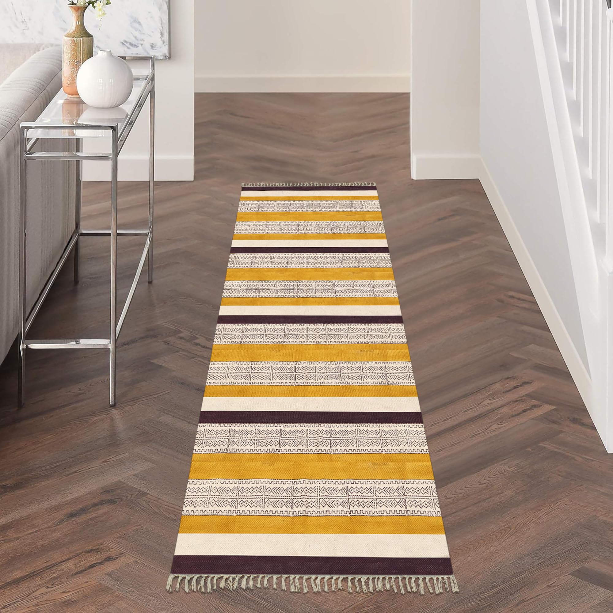 Ręcznie drukowana bawełna 4 x 10 kilim bieżnik żółto-brązowy wzór w paski ręcznie zmywalny chodnik o grubości 0,5 cm boho do wewnątrz na zewnątrz płaskie dywany na korytarz, schody, korytarz