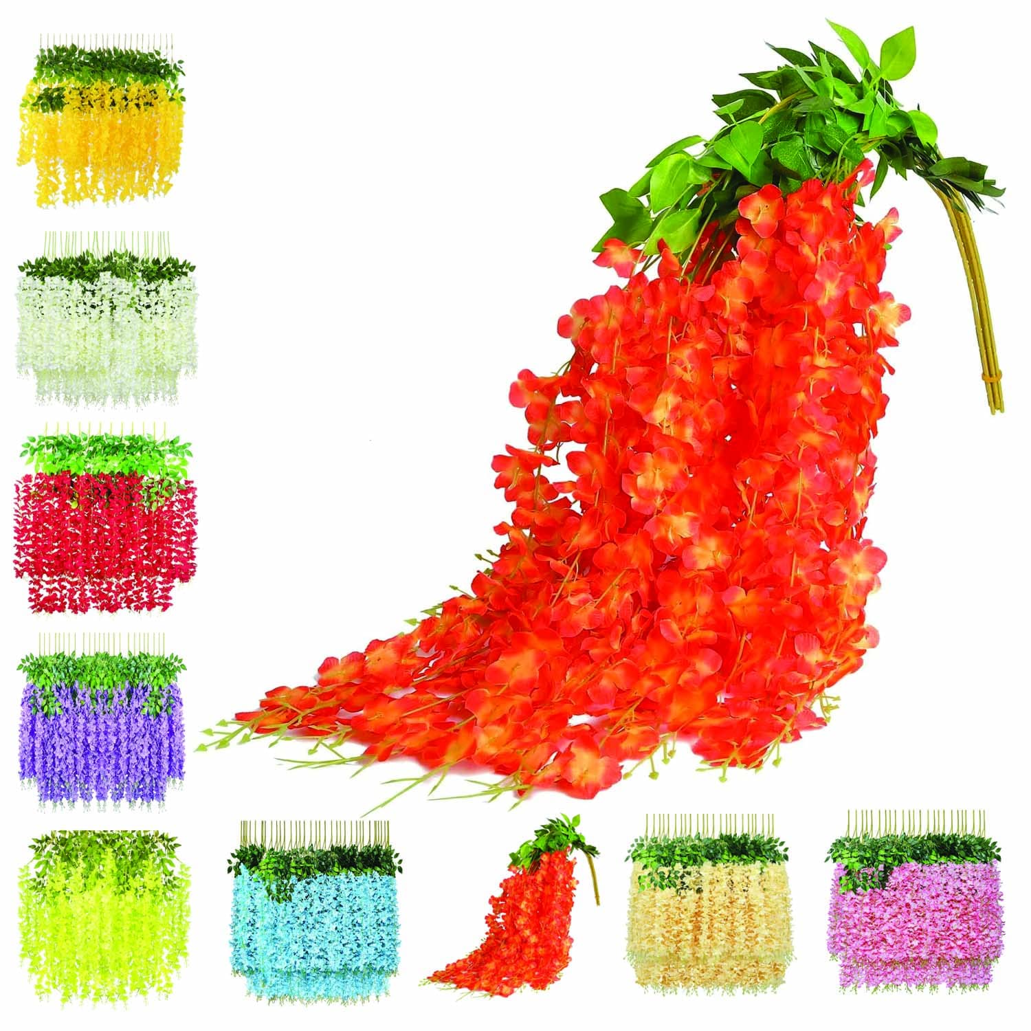 SAI Balaji Water Proof Hanging Artificial WisTIA Flower Strings_Pack of 6_Light Orange Color_110 Cms_for Wedding_Party_Home_Ceiling_Balcony_Office_Wall Decor TIA8
