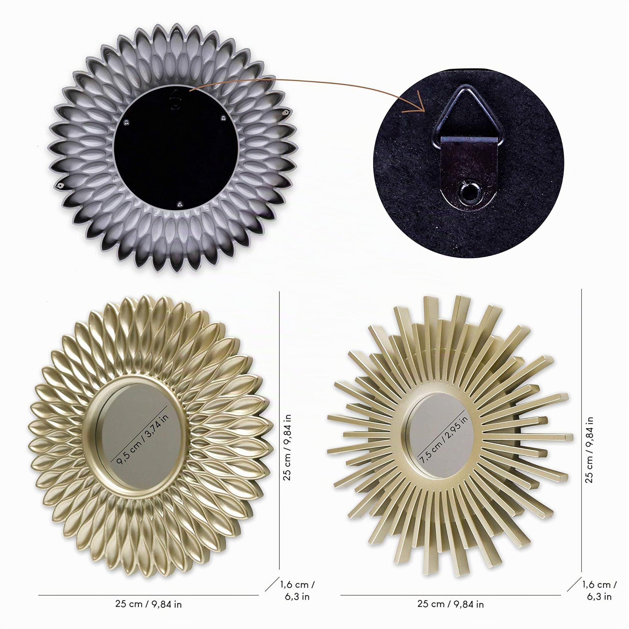 BONNYCO Miroir Murale 3 Pièces. Miroir Rond Soleil pour Decoration Murale dans Maison, Salon et Chambre. Ornements Accrocher au Mur, Original Cadeau Femme et Maman. Mirroir Doré Mur Decoratif