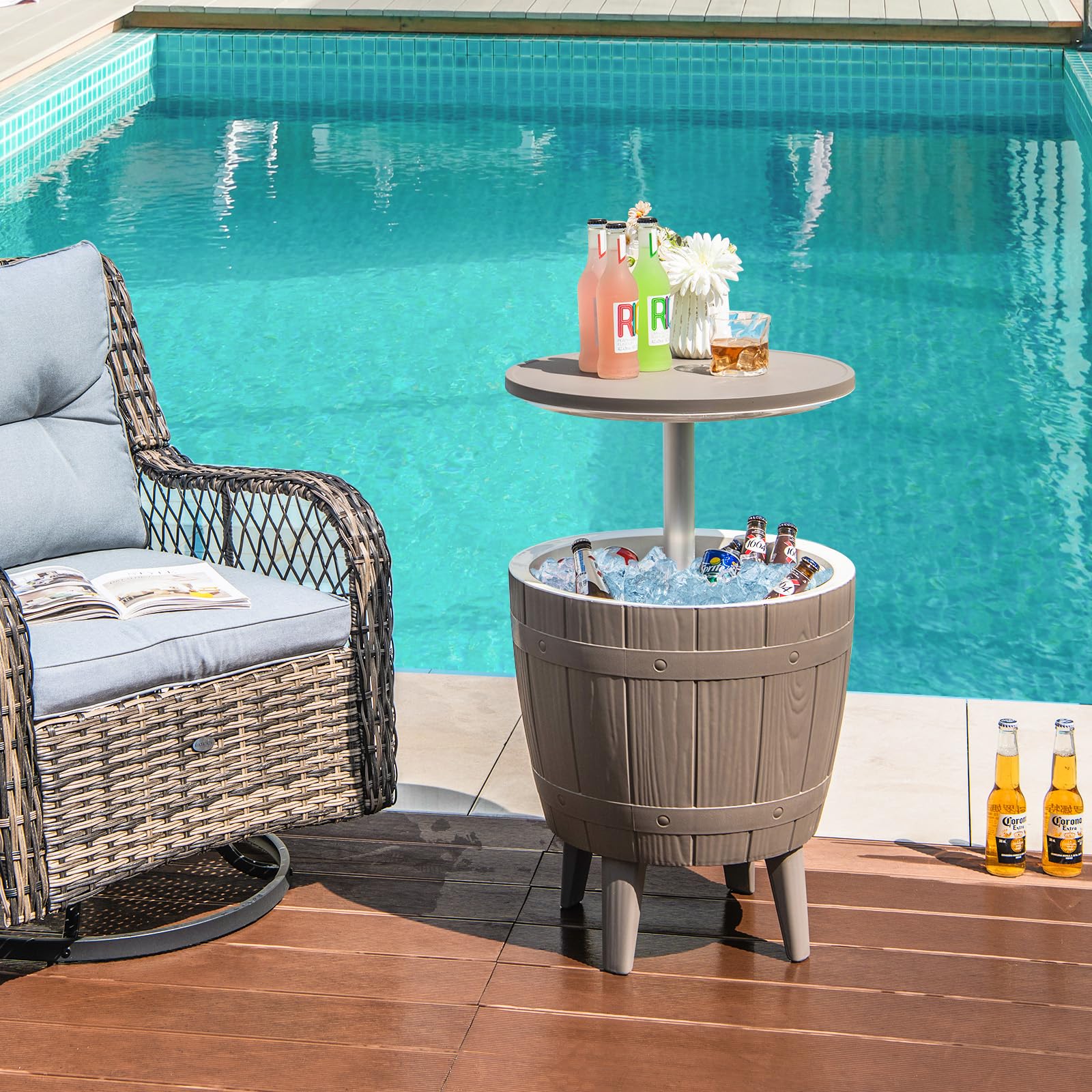Condition photo showing New/Like New for 10 gallon cooler bar table outdoor coffee table ice bucket with telescopic tabletop for beer and wine