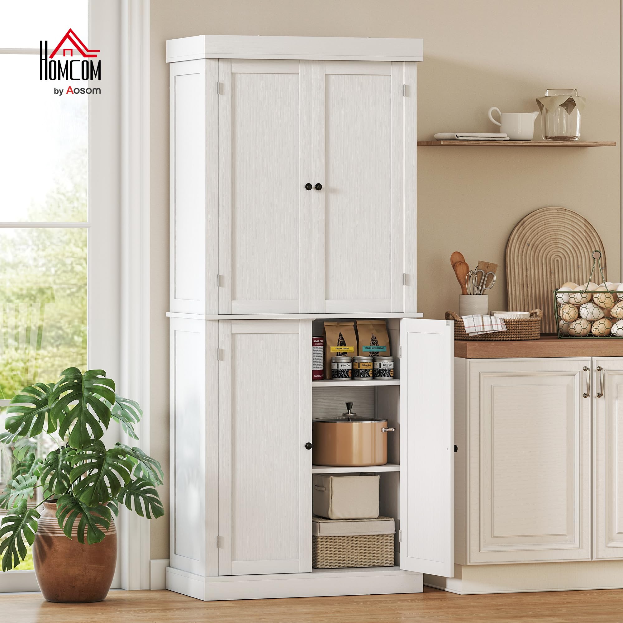 HOMCOM Credenza Cucina Alta 184cm, Mobile Dispensa con 4 Ante Chiusura Magnetica, Ripiani Regolabili, Mobile Cucina a 6 Livelli, per Sala da Pranzo Soggiorno, Bianco