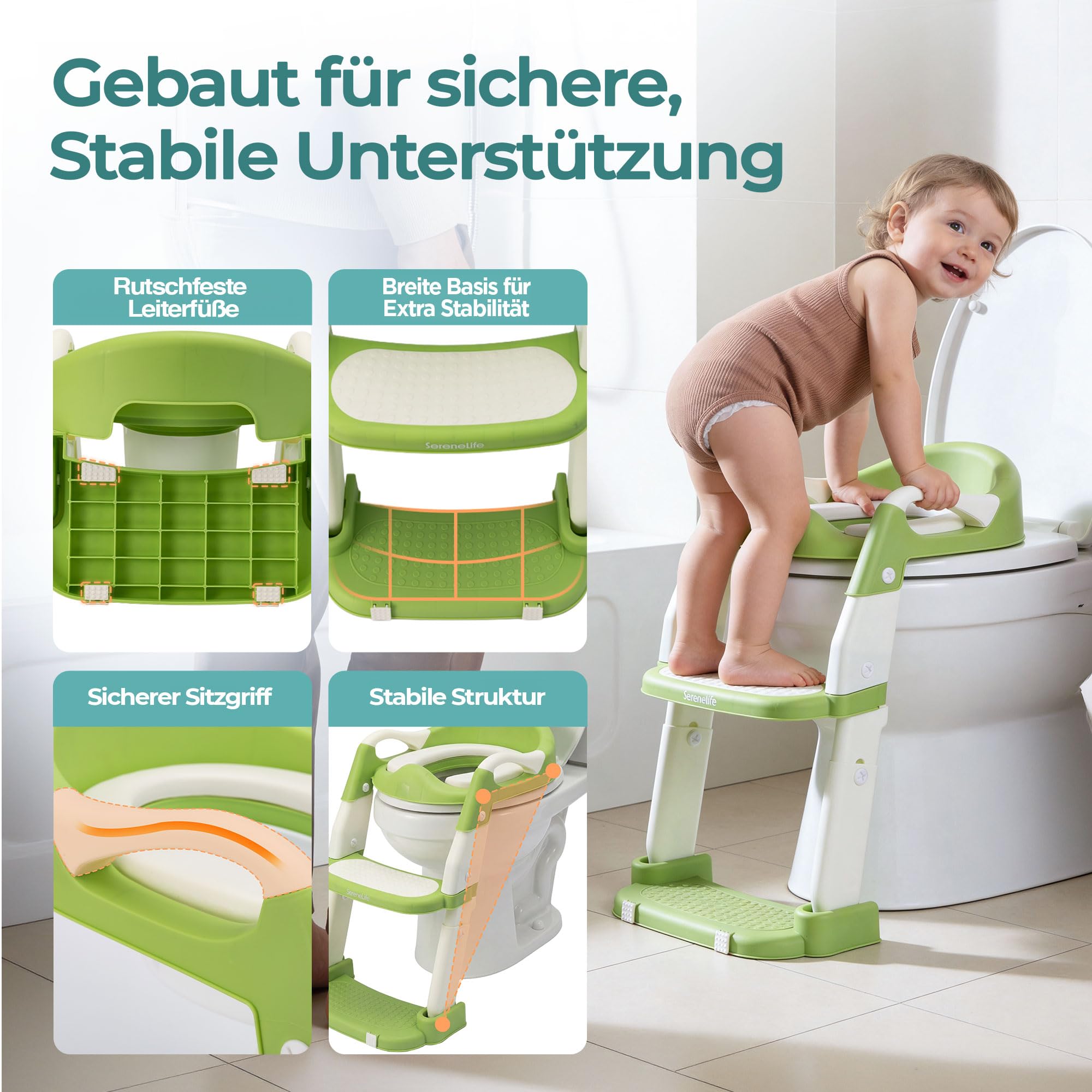 SereneLife Toilettensitz Kinder mit Treppe – 2-in-1 Höhenverstellbarer Toilettentrainer mit Leiter, Rutschfester WC Sitz mit Griffen für Jungen und Mädchen, Grün