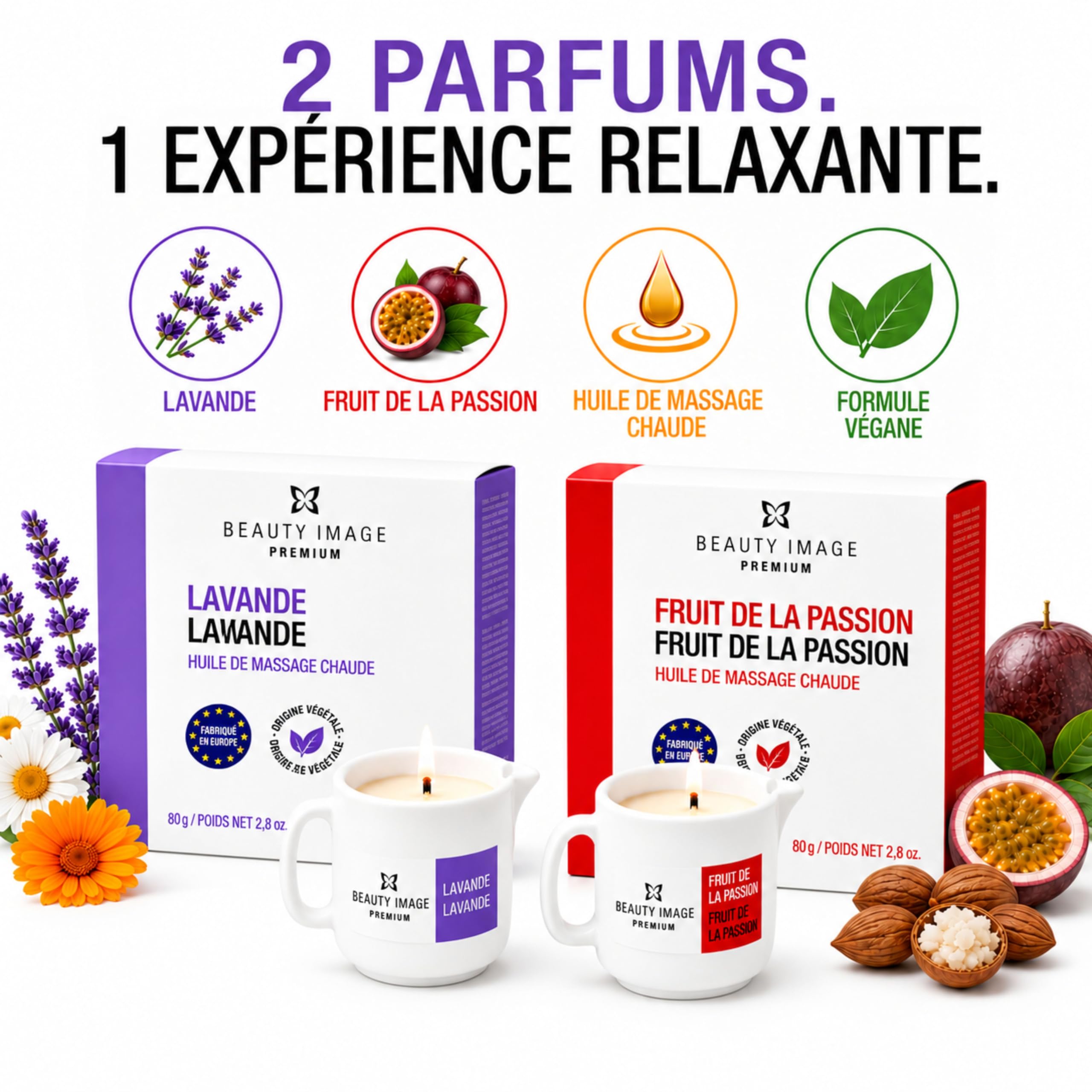 BEAUTY IMAGE Pack de 2 Grandes Bougies de Massage - Fruit de la Passion - Lavande [80 gr de 4 à 5 Massages Corporels par Bougie]. Huile Chaude pour Massage Professionnel. Qualité Fabriqué en Europe.
