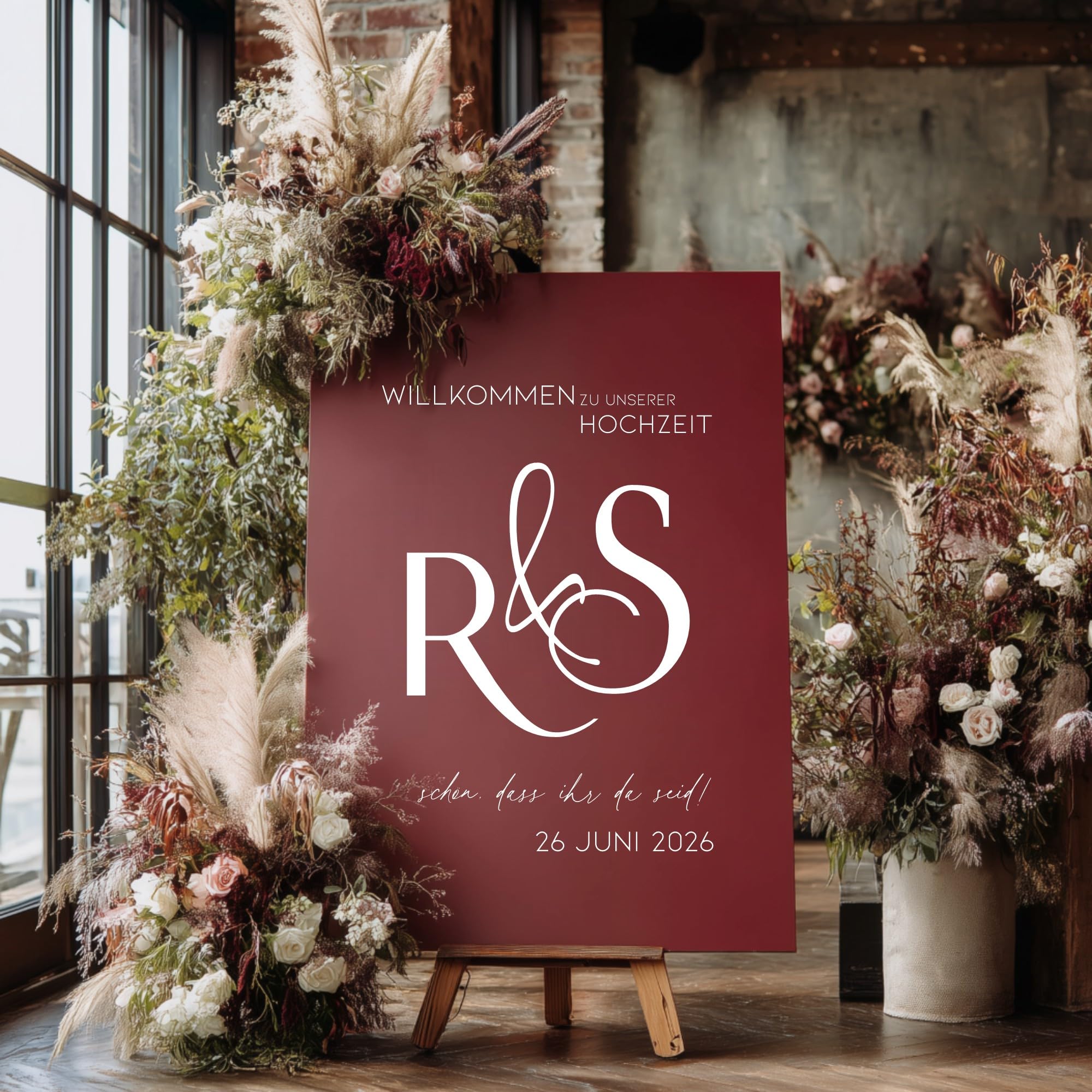 Willkommensschild Hochzeit personalisiert Acrylglas Burgunderrot Hochglanz – elegante Deko für Empfang, Party & Events – Made in Germany