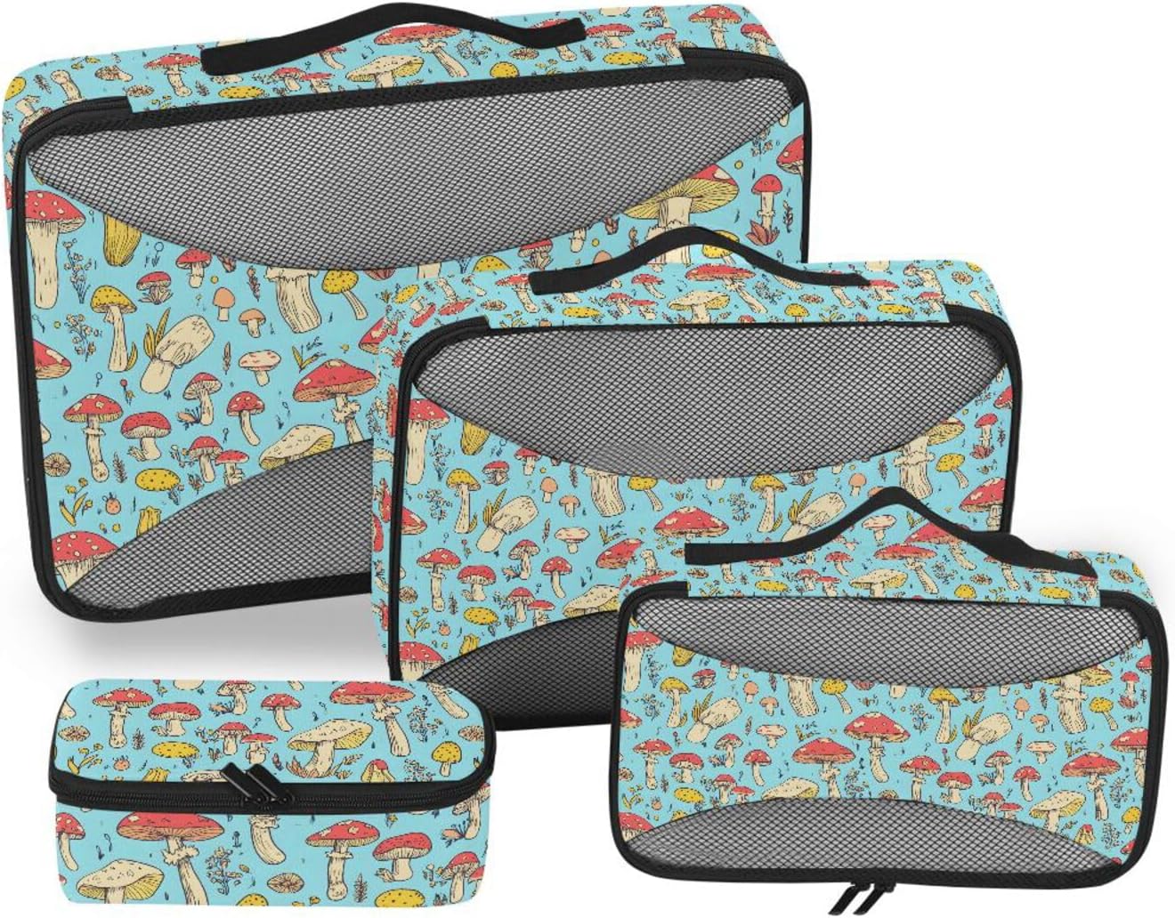 Anime Mushroom Packing Cube Set of 4, Wide Zipper Opening Handle Luggage Organizers Travel Accessories for Organizing Clothing in Suitcases