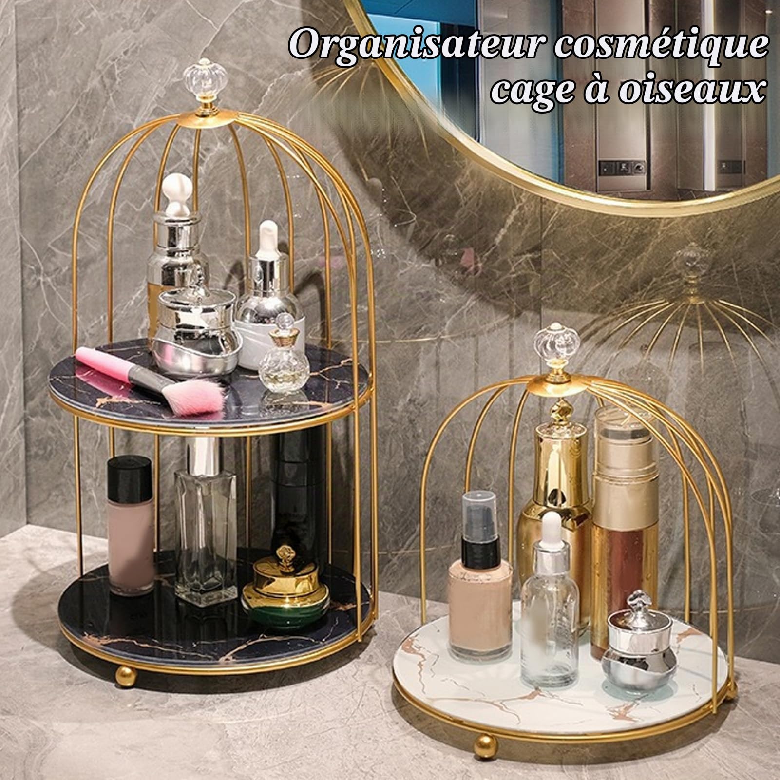 Organisateur Cosmétique de Cage à Oiseaux, Présentoir de Maquillage Peu Encombrant en Fer doré pour Salle de Bain (Doubles Couches)
