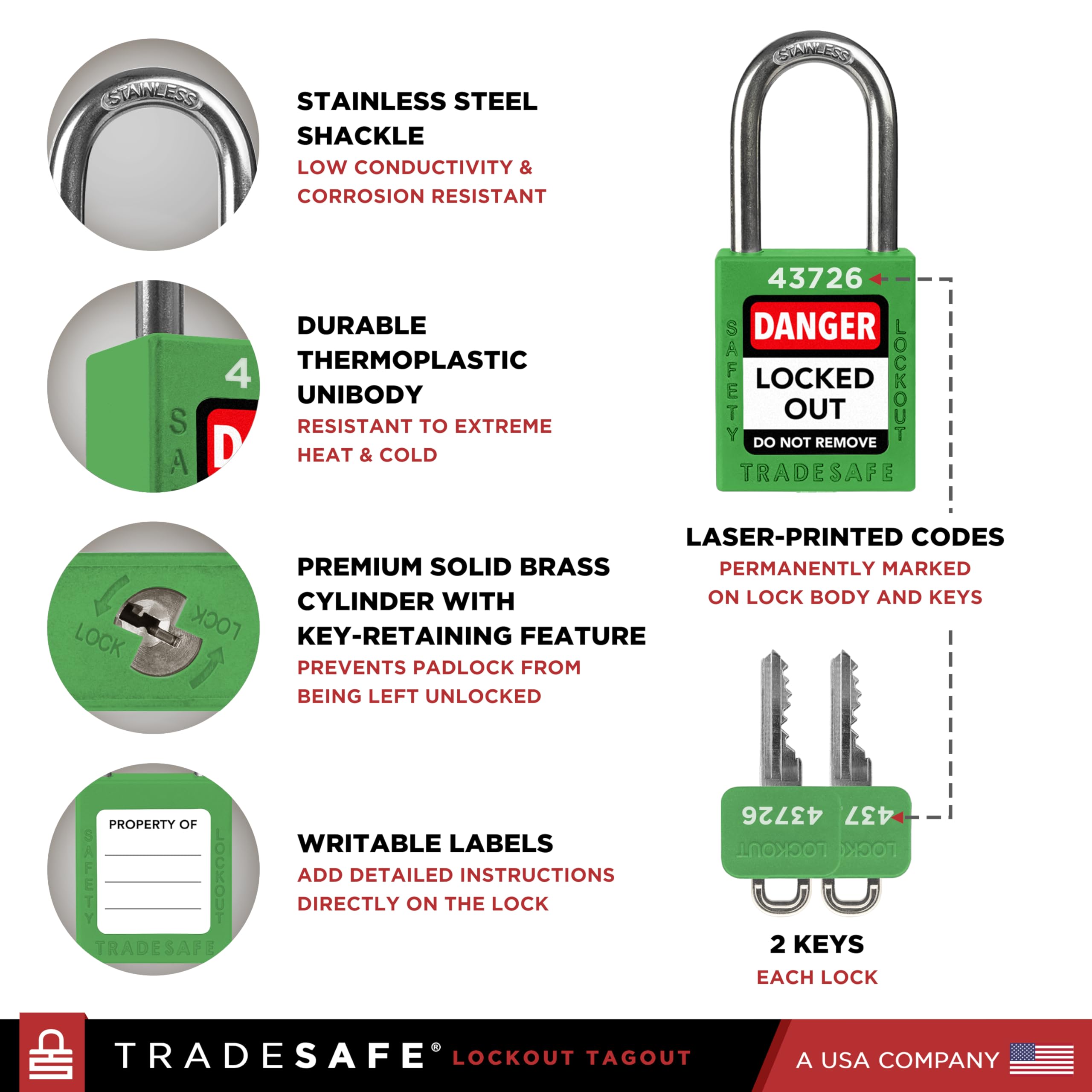 TRADESAFE Juego de cerraduras de bloqueo – 10 candados verdes con llave igual, 2 llaves por cerradura, cerraduras Loto compatibles con OSHA para estaciones de etiquetado de bloqueo, grado premium