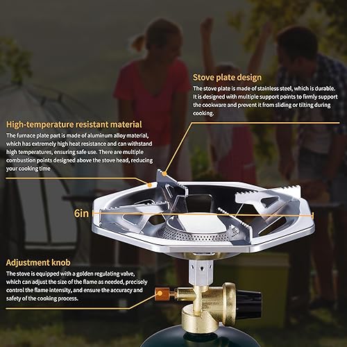 Miniatura 3 de Estufa de propano para acampar con quemador de alta potencia, estufa de propano con parte superior de botella de un solo quemador, llama ajustable