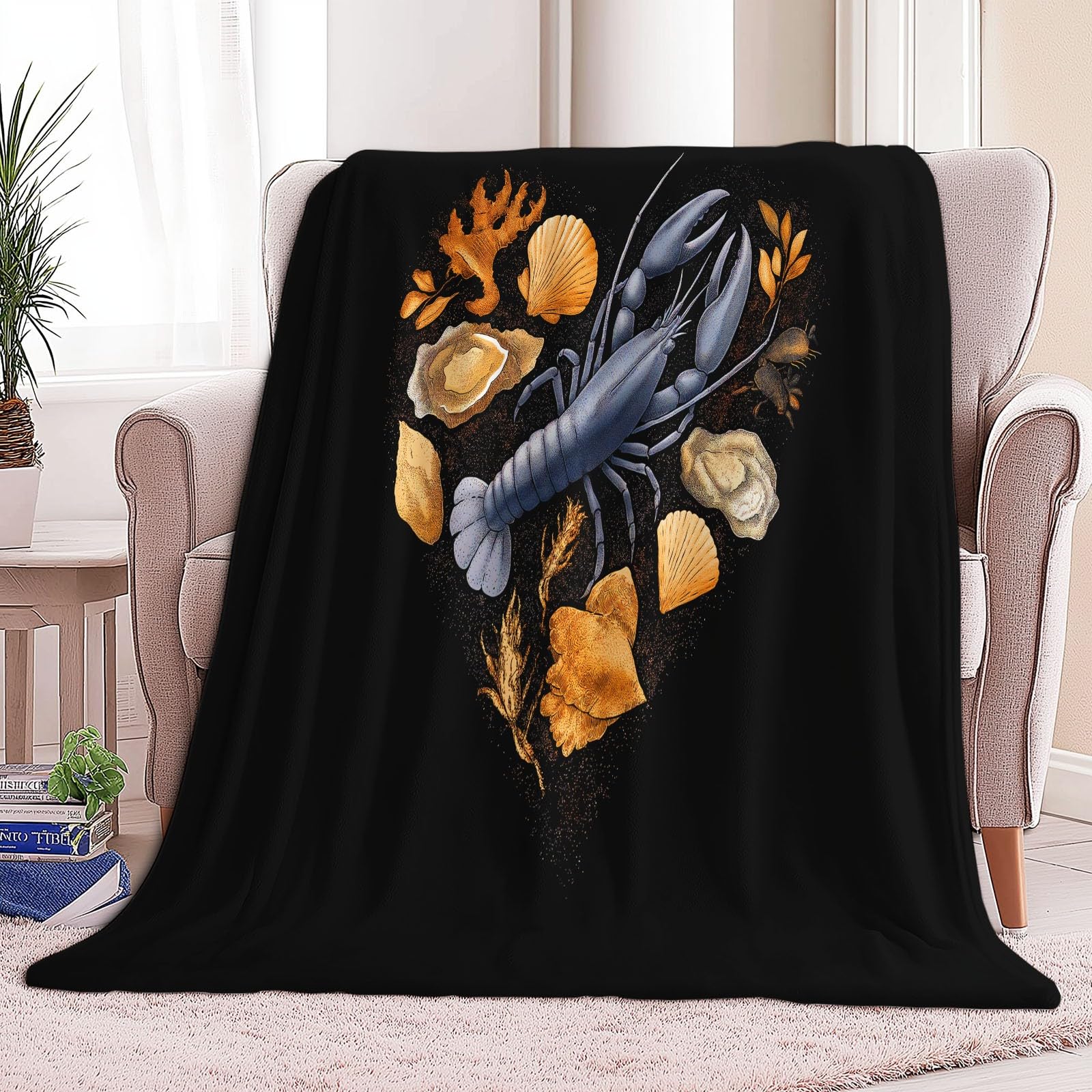 Ciepły flanelowy, ręcznie rysowany koc typu sherpa, z krabem homara, ostryga, 221 x 240 cm, miękki, przytulny, czarny, pluszowy, flanelowy, 220 x 240 cm, dla dziewcząt, dzieci, dorosłych, na kanapę