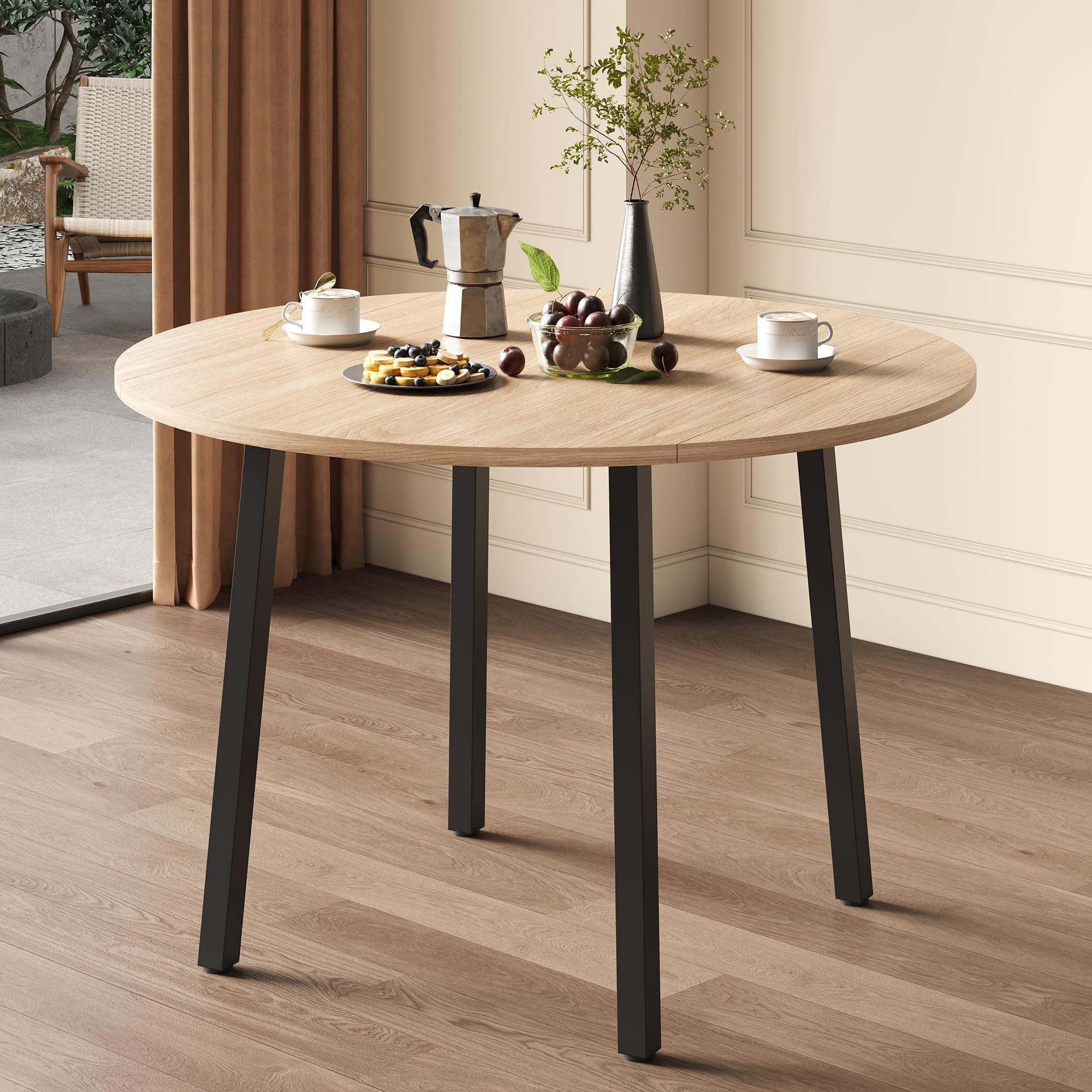 Mesa de comedor plegable de 100 x 100 cm, mesa de cocina redonda para 2-4 personas con mesa plegable y patas de metal para apartamentos pequeños, color roble