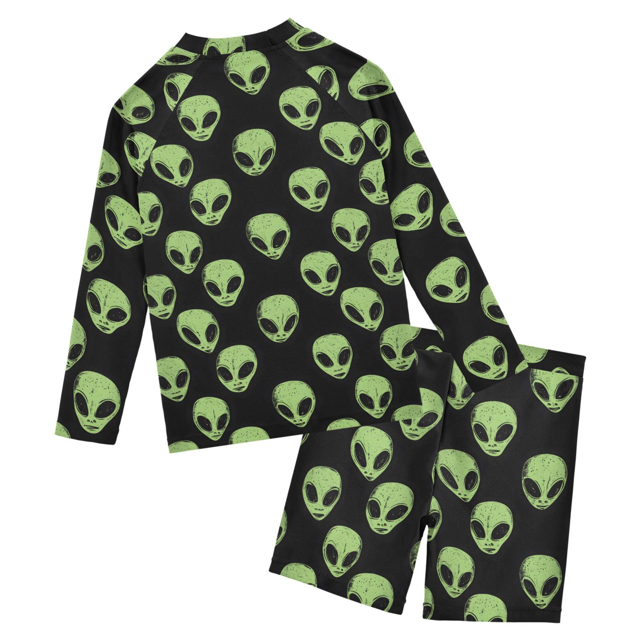 Green Aliens UFO Boys Rash Guard Swimsuits Set for Boys Long Sleeve Swim Shirts Bathing Suits with Trunks B0403535
