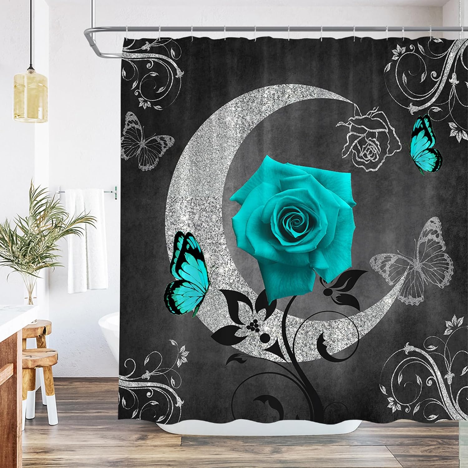 Turquoise Rose Flower Butterfly Shower Curtain Rustic Blue Green Floral Plant Black Gray Modern Creative Abstract Decor Fabric Bathroom Set with Hooks 84Wx70H Inch