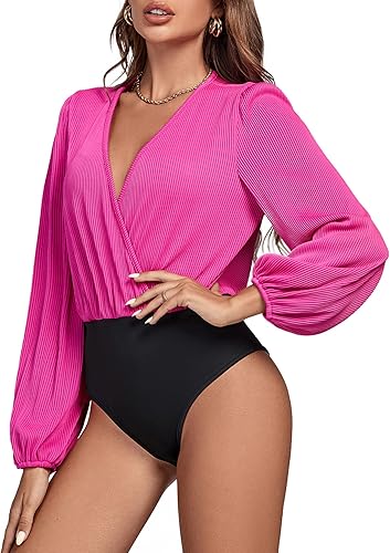 LYANER Body de punto acanalado con cuello en V y manga larga abombada para mujer