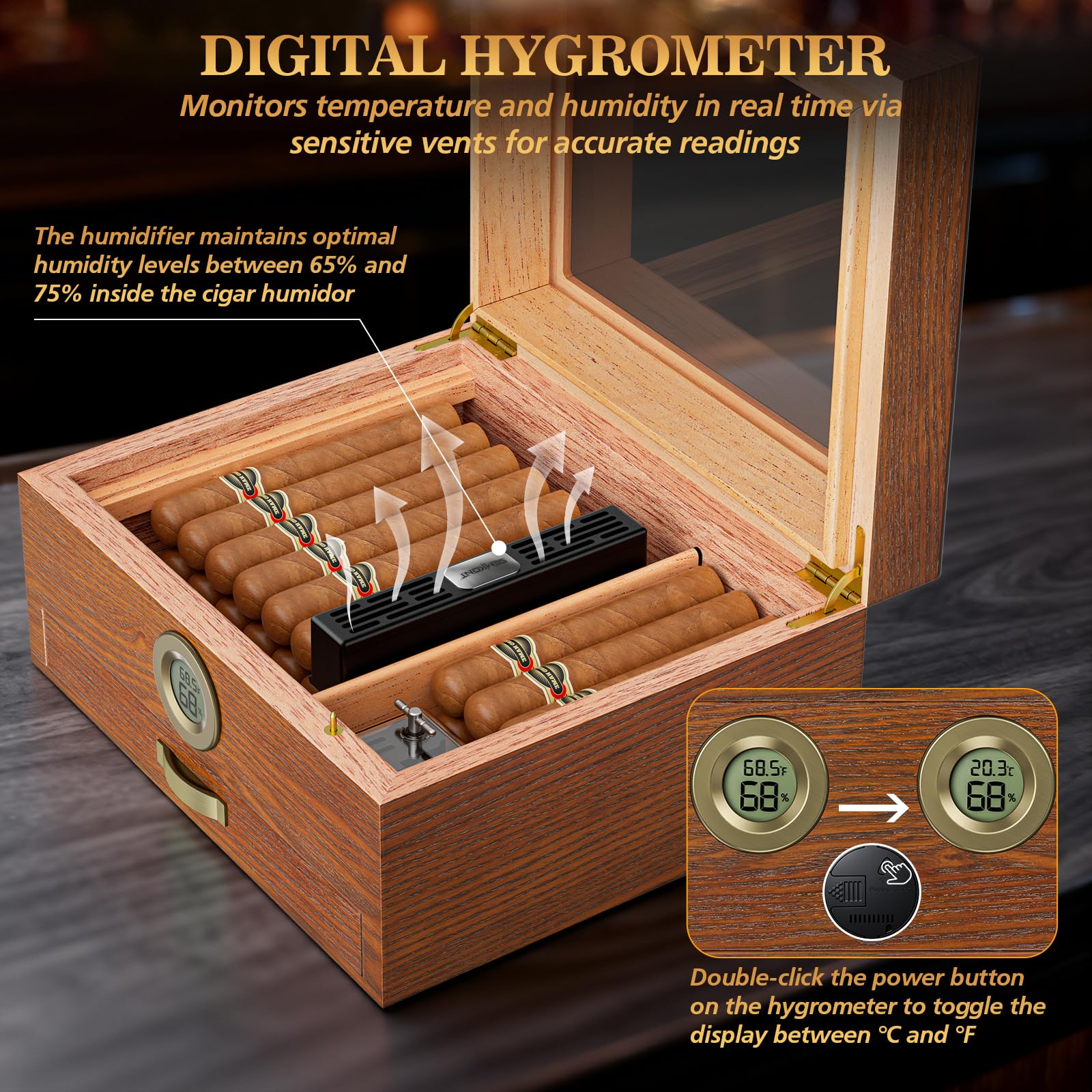 Umidificatore per sigari, in legno di cedro, con igrometro digitale e umidificatore, sistema di carillon integrato e cassetto per accessori, include vassoio in legno di cedro e 2 tubi per