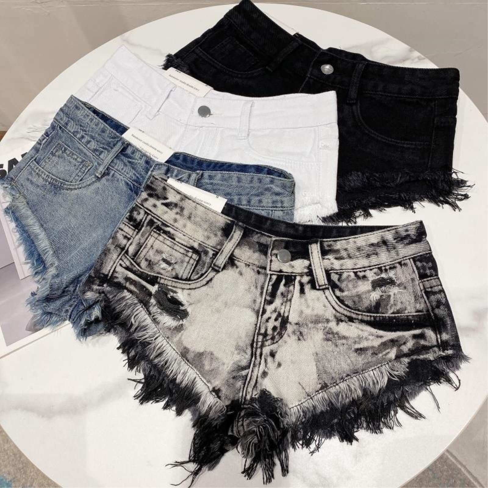 WANGSHUO Shorts di Jeans Donna Donne Gamba Dritta Lavato Distressed Denim Super Shorts, Versatile Streetwear Casual Summer Bottoms-White-XL