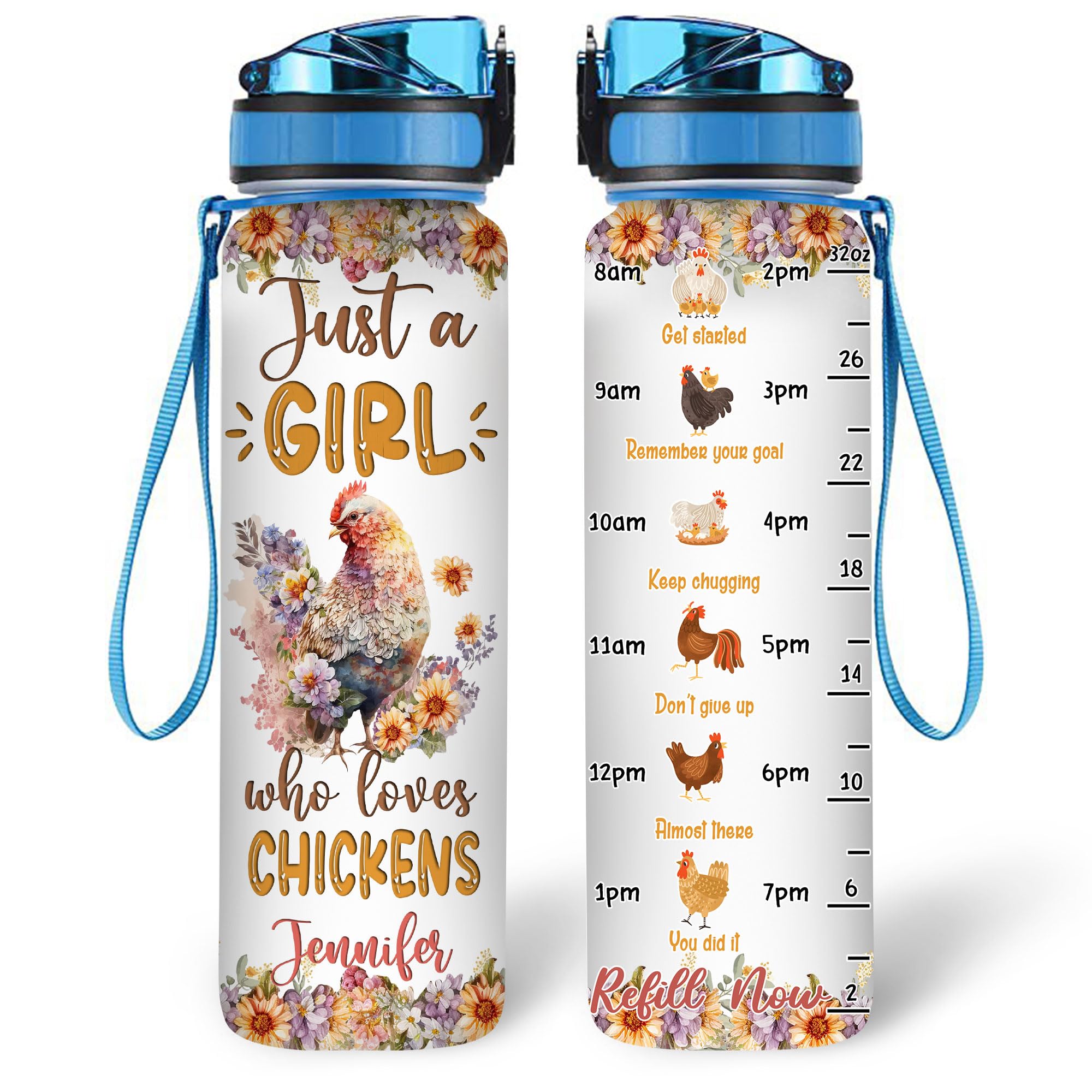 Hyturtle Personalized Chicken Lovers 32 Oz 1Liter Motivational Water Bottle With Time Marker, Just A Girl Who Loves Chickens, Animal Lovers Gifts For