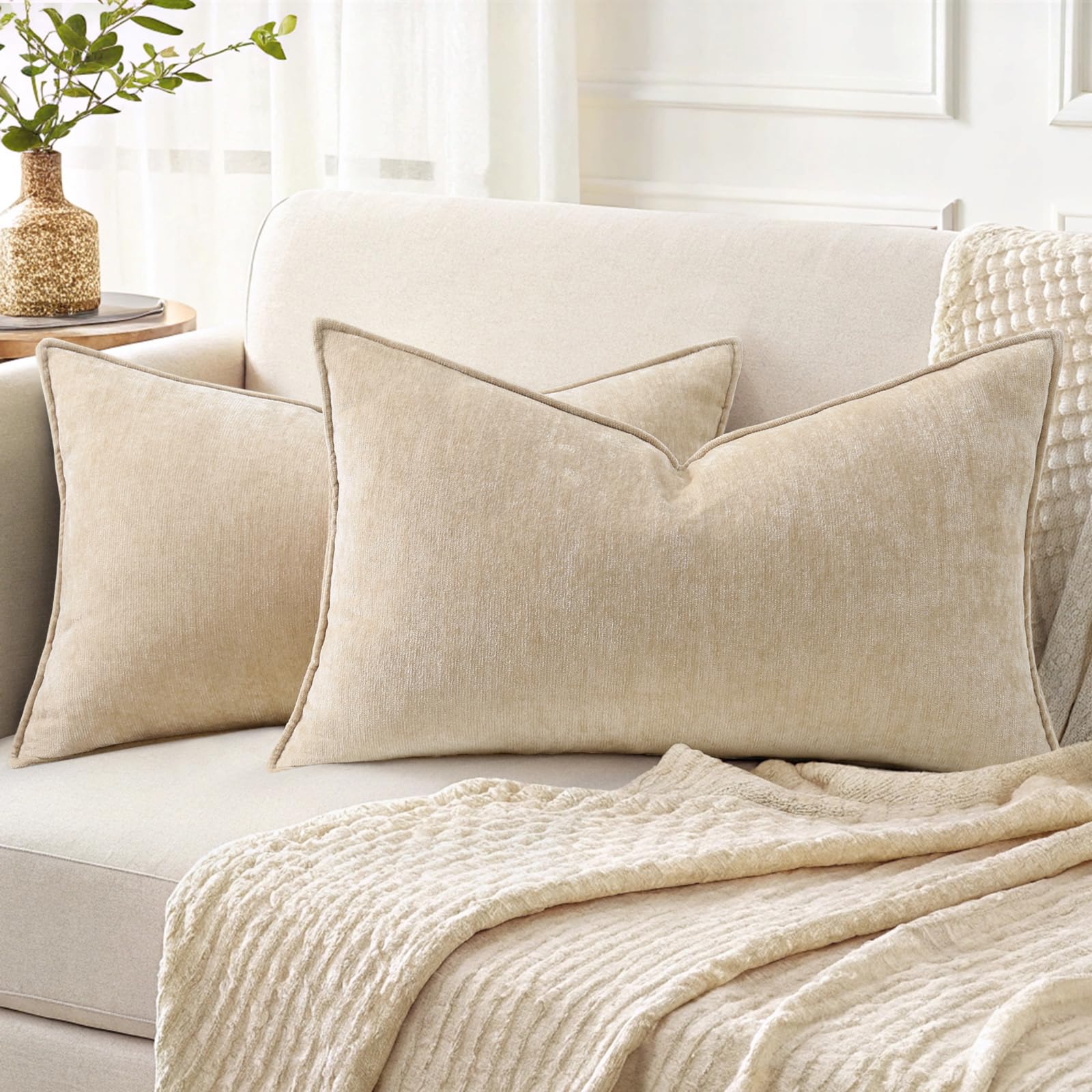 decorUhome Spring Couch Throw Pillow Covers 12x20 Set of 2 Decorative Soft Velvet Neutral Chenille Lumbar Pillow Covers