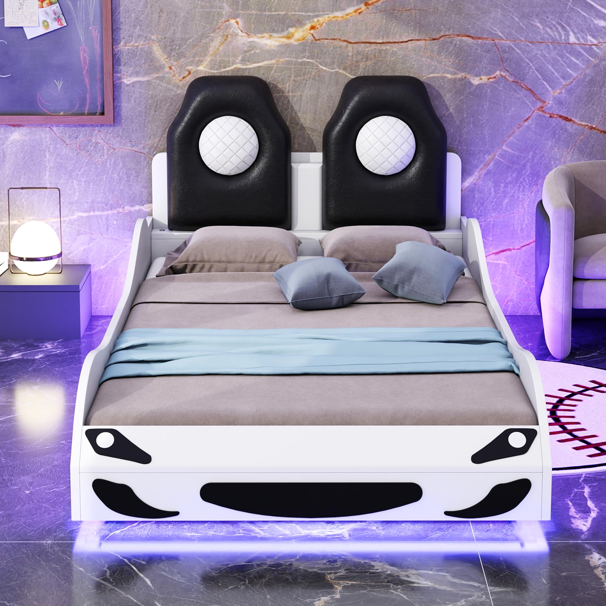 Twin Size Wood Car-Shaped Platform Bed Frame with Upholstered Backrest and LED Light, Modern Toddler Twin Bed Frame with Safety Guardrails for Kids Girls Boys, No Box Spring Needed, White