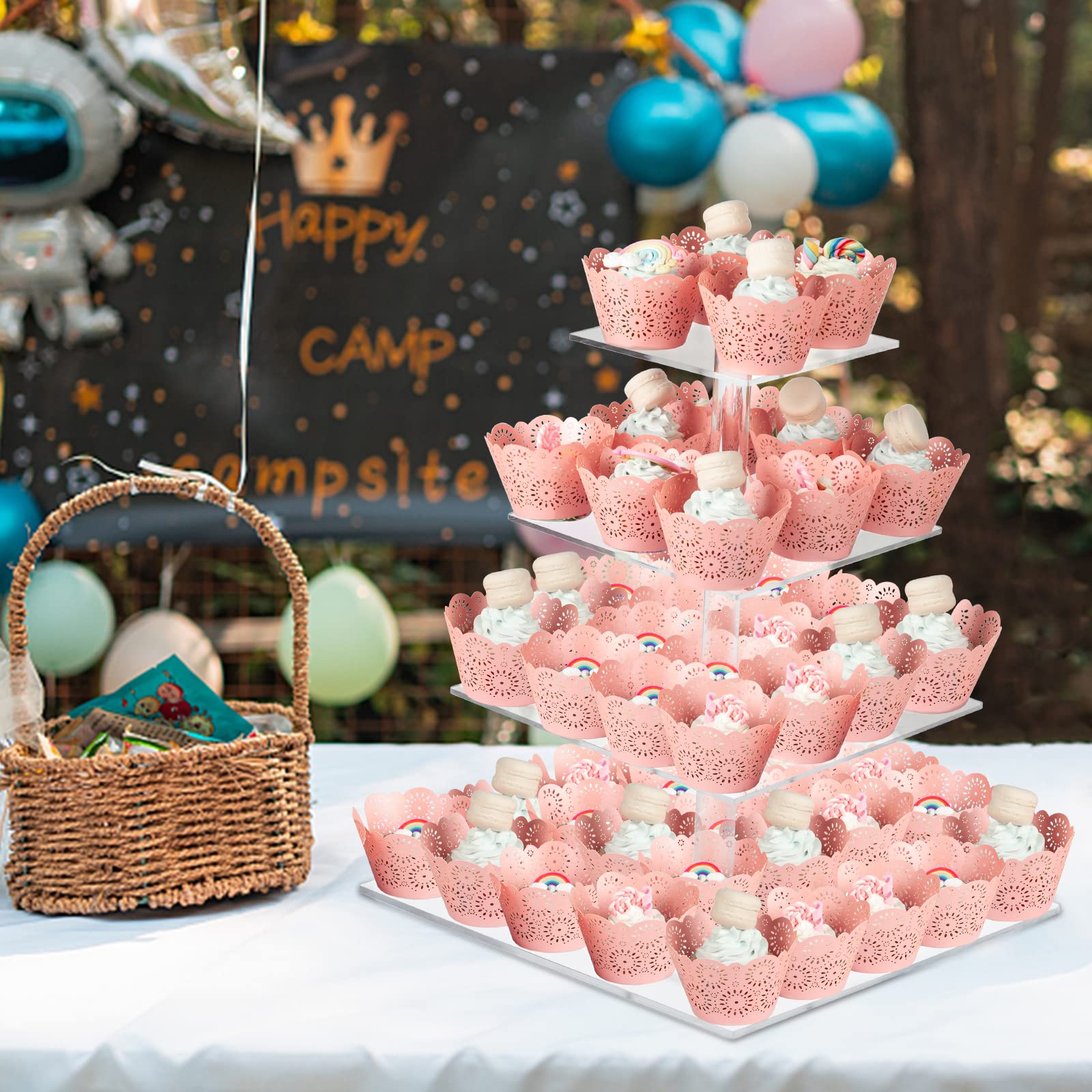 Supporto per cupcake, 4 ripiani quadrati in acrilico per cupcake, torre per dolci trasparente per matrimoni, compleanni, feste a tema, baby shower