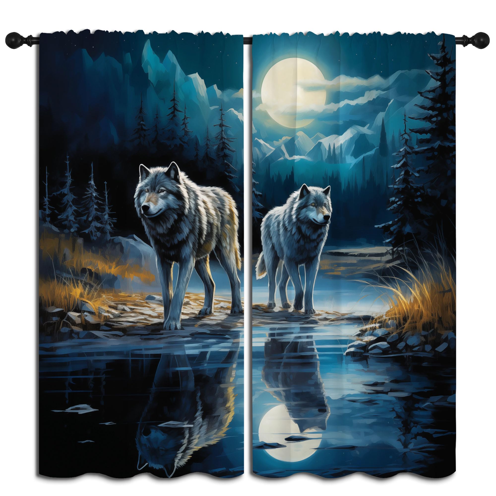 LHROOMJK Wolf Rod Pocket Blackout Curtains for Boy Girl Bedroom, Wildlife Abstract and Starry Night Sky Forest Thermal Insulated Home Window Drapes