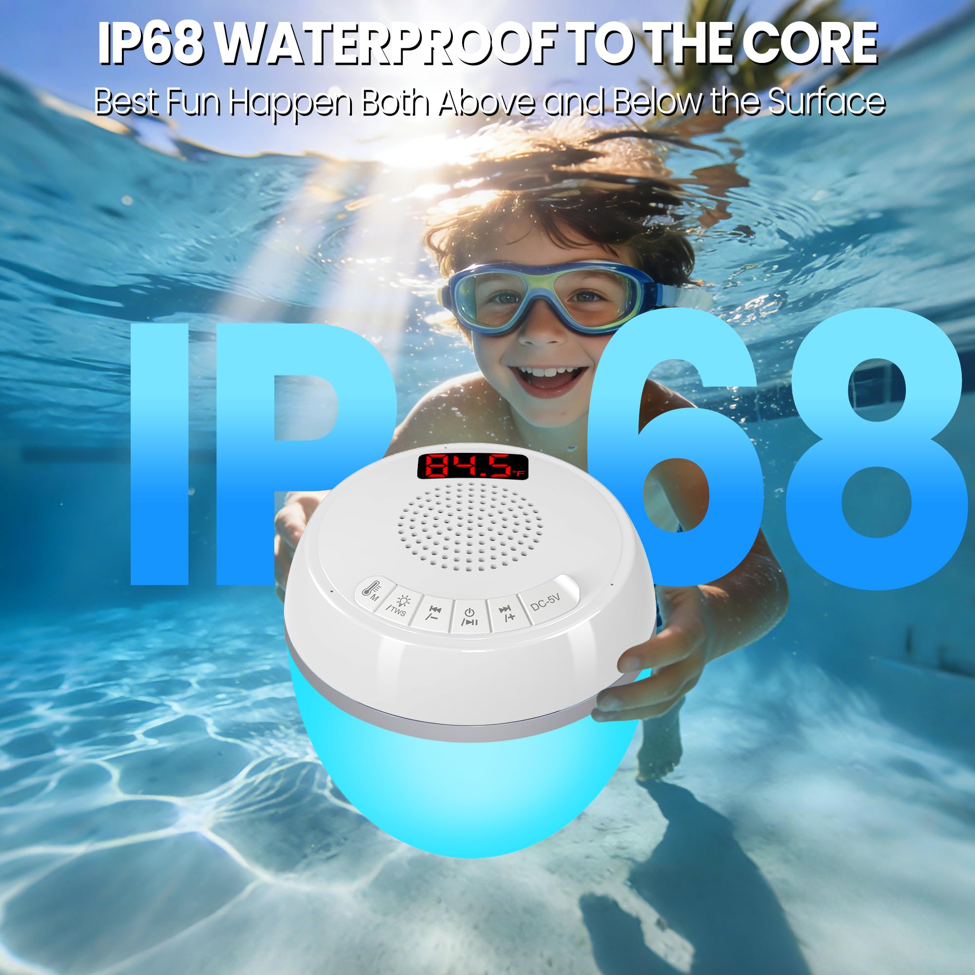 AearKing Altoparlante galleggiante 3in1 per piscina con termometro digitale e luci | Luci RGB, TWS, impermeabile IP68, Bluetooth 5.0, suono surround a 360°, display LCD della temperatura, ABS, ricarica USB