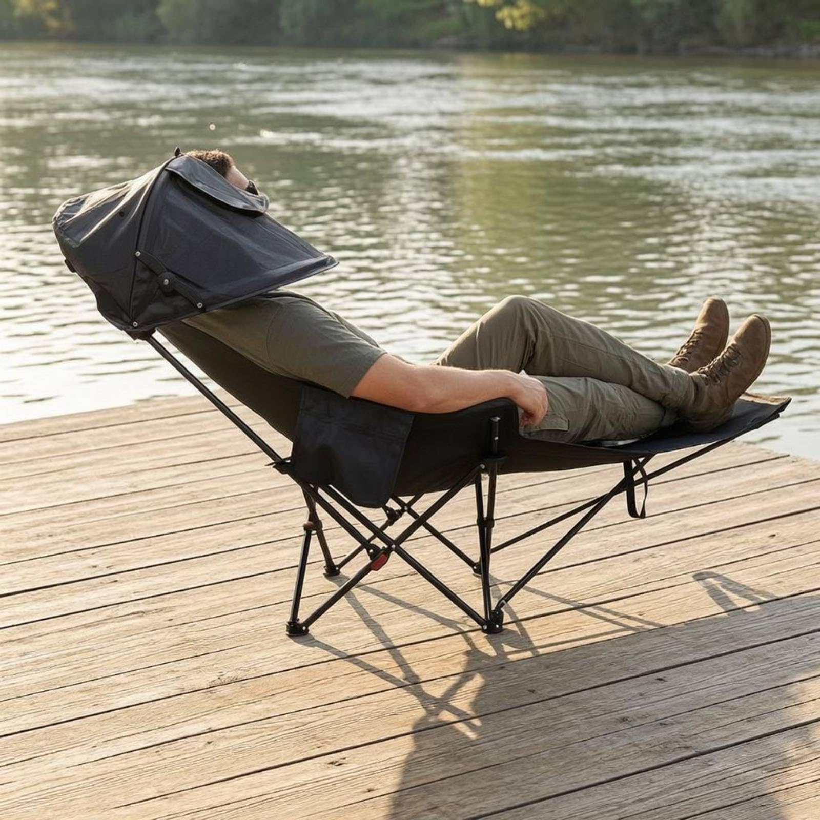 Silla de Pesca con Toldo 2 en 1 Sillón Reclinable Portátil Ergonómica para Siesta, Aire Libre, Caqui
