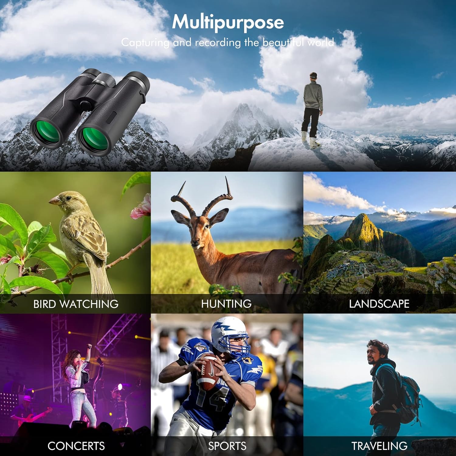 12x42 High Definition Binoculars for Adults, Waterproof Fogproof Binoculars with Low Light Night Vision, Durable and Clear FMC BAK4 Prism Lens, for Bird Watching Hunting Hiking Sightseeing : Electronics