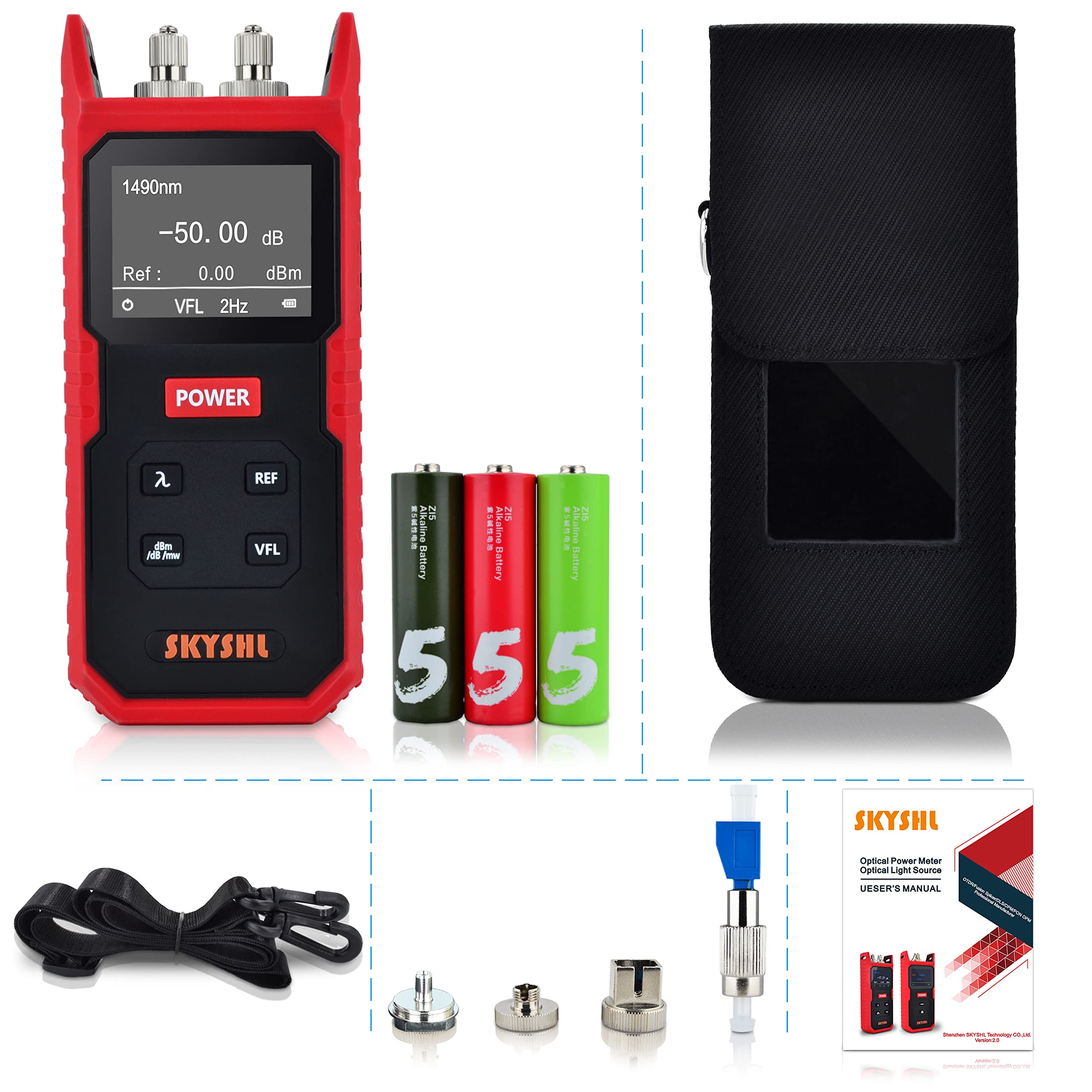 800nm~1700nm Misuratore di Fibra Ottica Potenza(VFL Integrato) -50~+26dBm Optical Fiber Power Meter con Connettore Universale da 2,5mm,SC,FC,LC UPC Adattatore(SS101PVC)