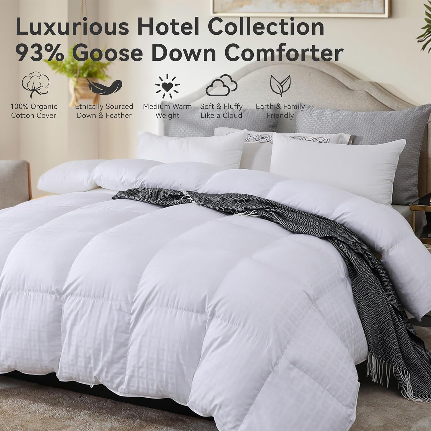 SNOWMAN Lightweight 93% Goose Down Comforter Queen Size,Medium Warmth Fluffy Duvet Insert,100% Egyptian Cotton Shell- 750 Fill Power (90x90 Inch,White)