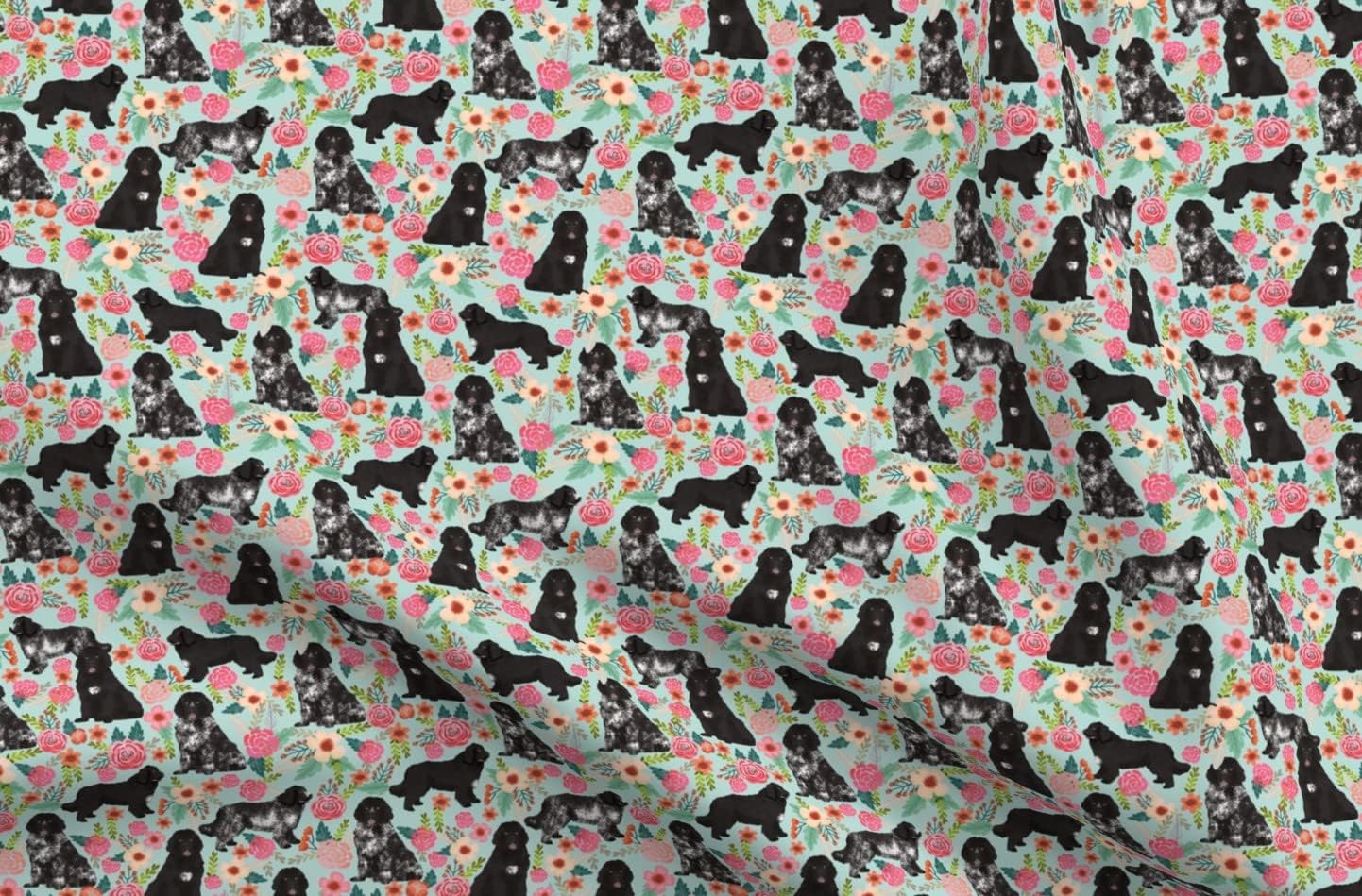 Spoonflower Fabric - Newfoundland Dogs Newfoundlands Cute Dog Florals Pet Portrait Printed on Organic Cotton Sateen Fabric by The Yard - Sewing Quilting Apparel Home Decor