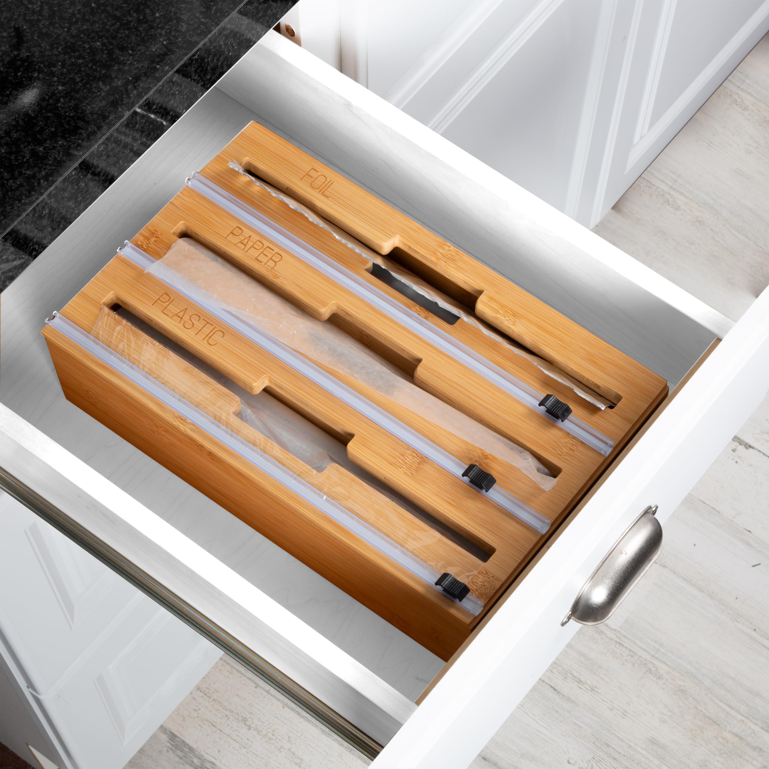 Honey Can Do 3-In-1 Bamboo Food Wrap Organizer With Safety Cutter | Plastic, Wax, Paper and Foil Holder KCH-09858 Natural