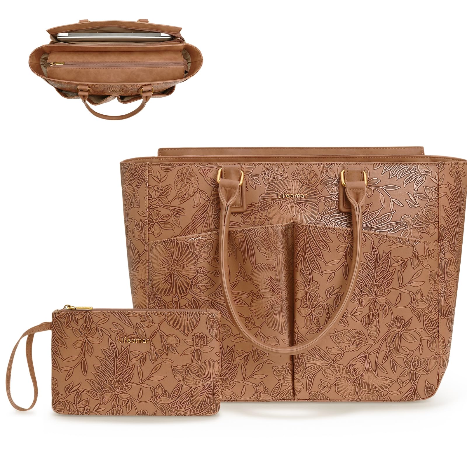 Laptop Tote Bag for Women, Leather Work Tote with Padded Laptop Compartment, Cup Holder, Office Computer Briefcase