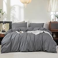 Vista 42 de FOSSA Juego de funda de edredón 100% algodón lavado, tacto súper suave, transpirable, acogedor, 3 piezas, juego de ropa de cama, color gris almendra