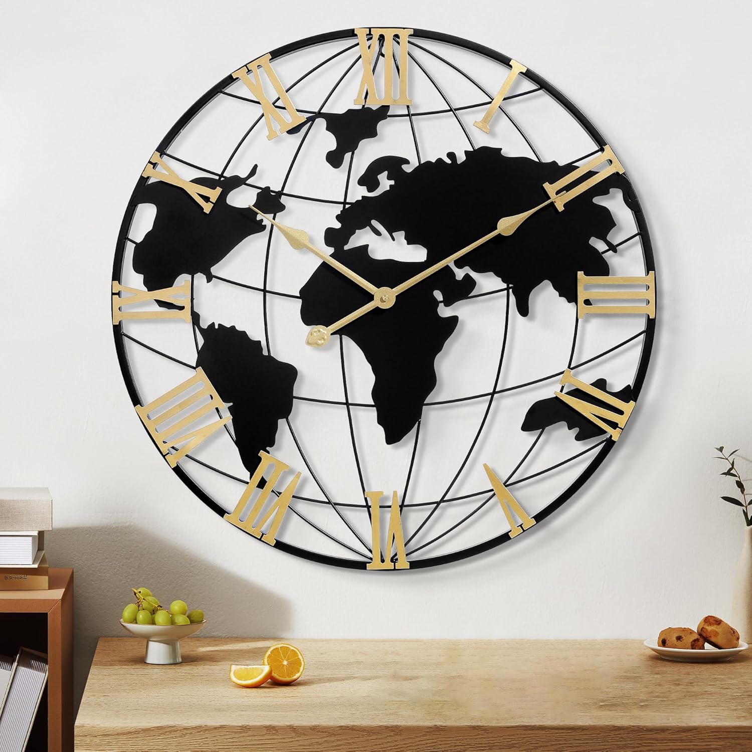leike large wall clock 24in, world map modern style wall clocks, big clock for wall living room decor, office wall decor, silent non-ticking for bedroom, kitchen, school roman number 24in