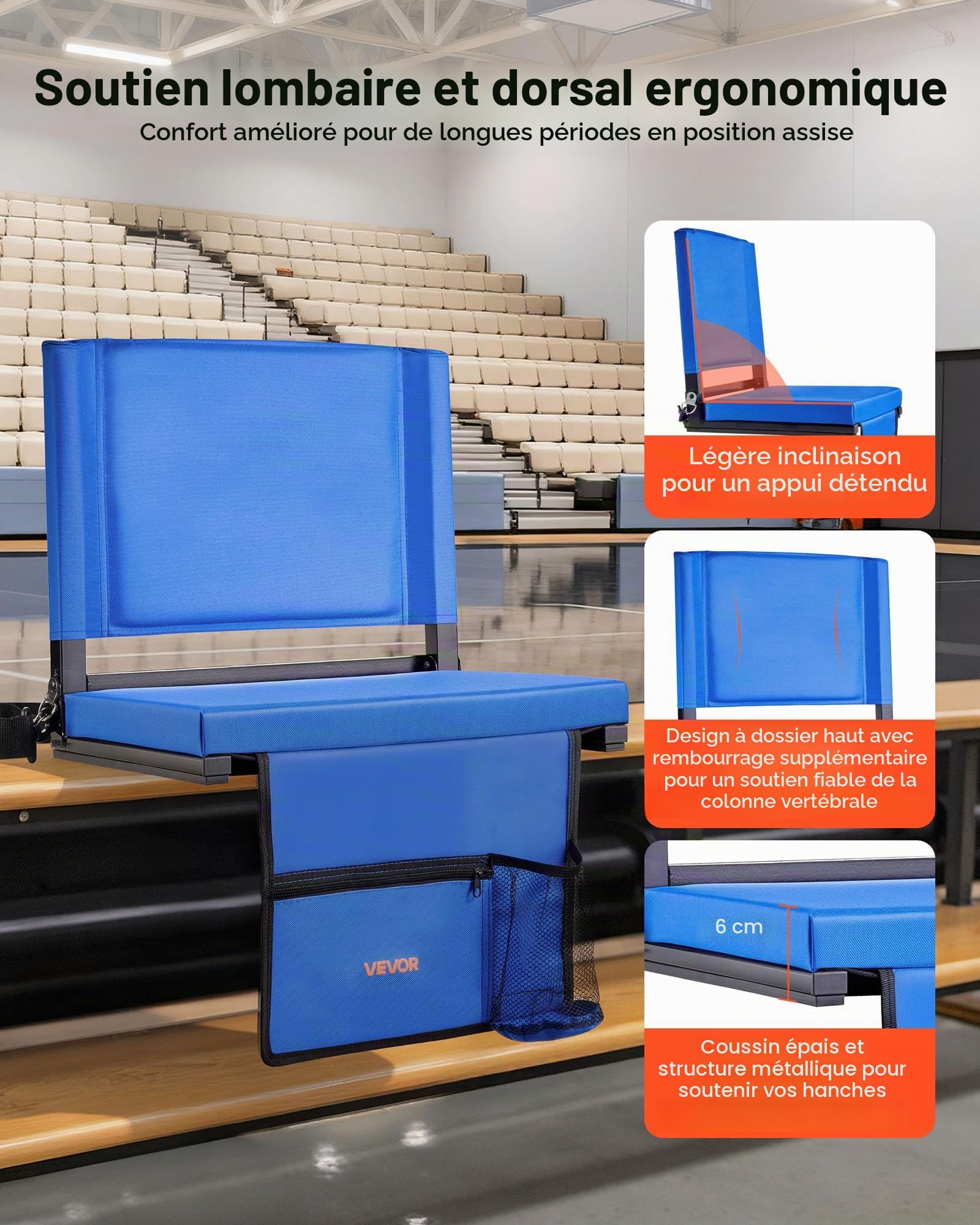 VEVOR Siège de stade pliable, 2 pcs, chaise de gradin avec dossier et coussin épais, chaise de stade rembourré avec bandoulière, crochets, porte-gobelet et poche latérale, pour événement sportif, bleu