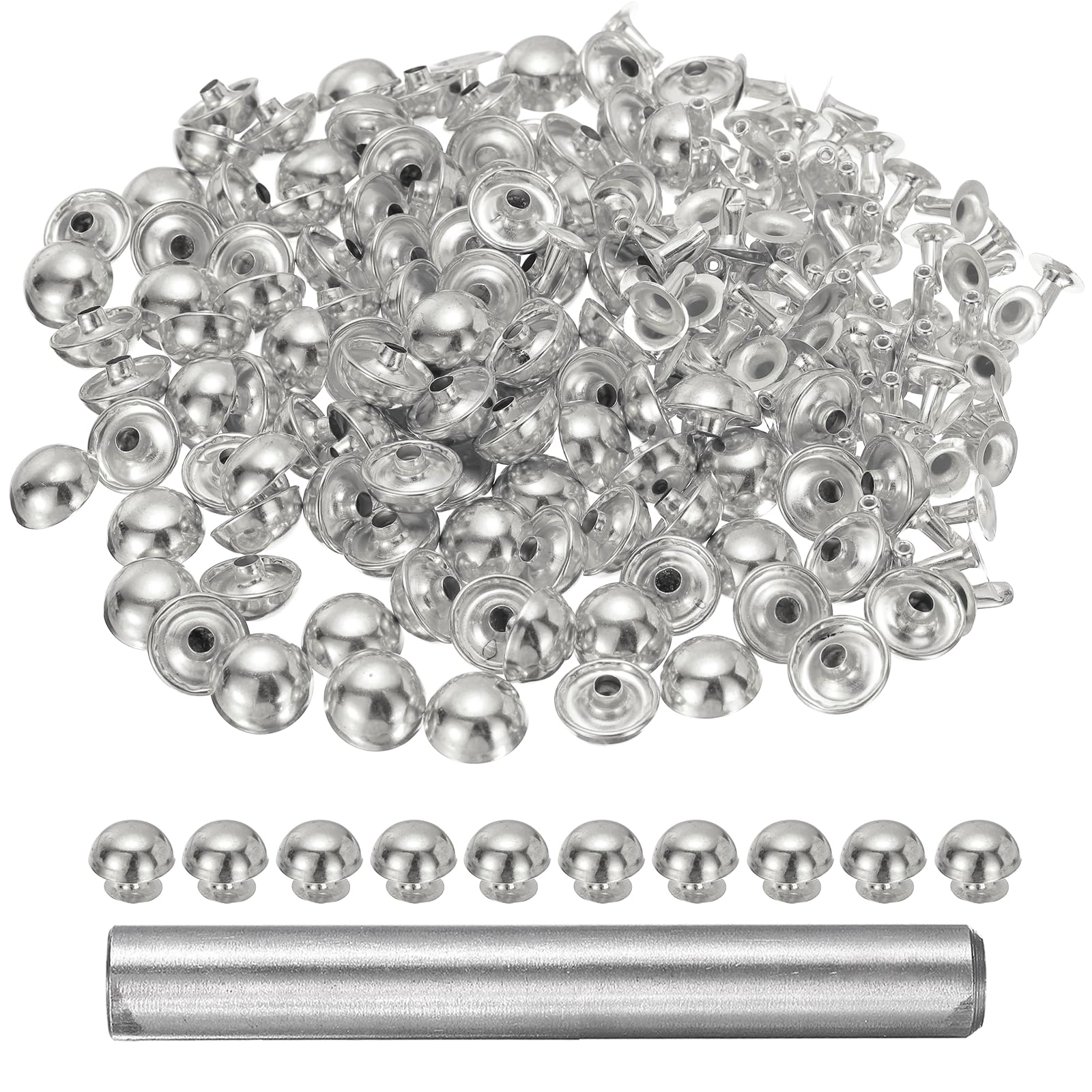sourcing map 100pcs Round Dome Leather Rivets 12mm Leather Rivets Rapid Punk Spikes Leathercraft Decoration with Hole Punch for Rock Nailheads Clothing Belts Bags Shoes, Silver